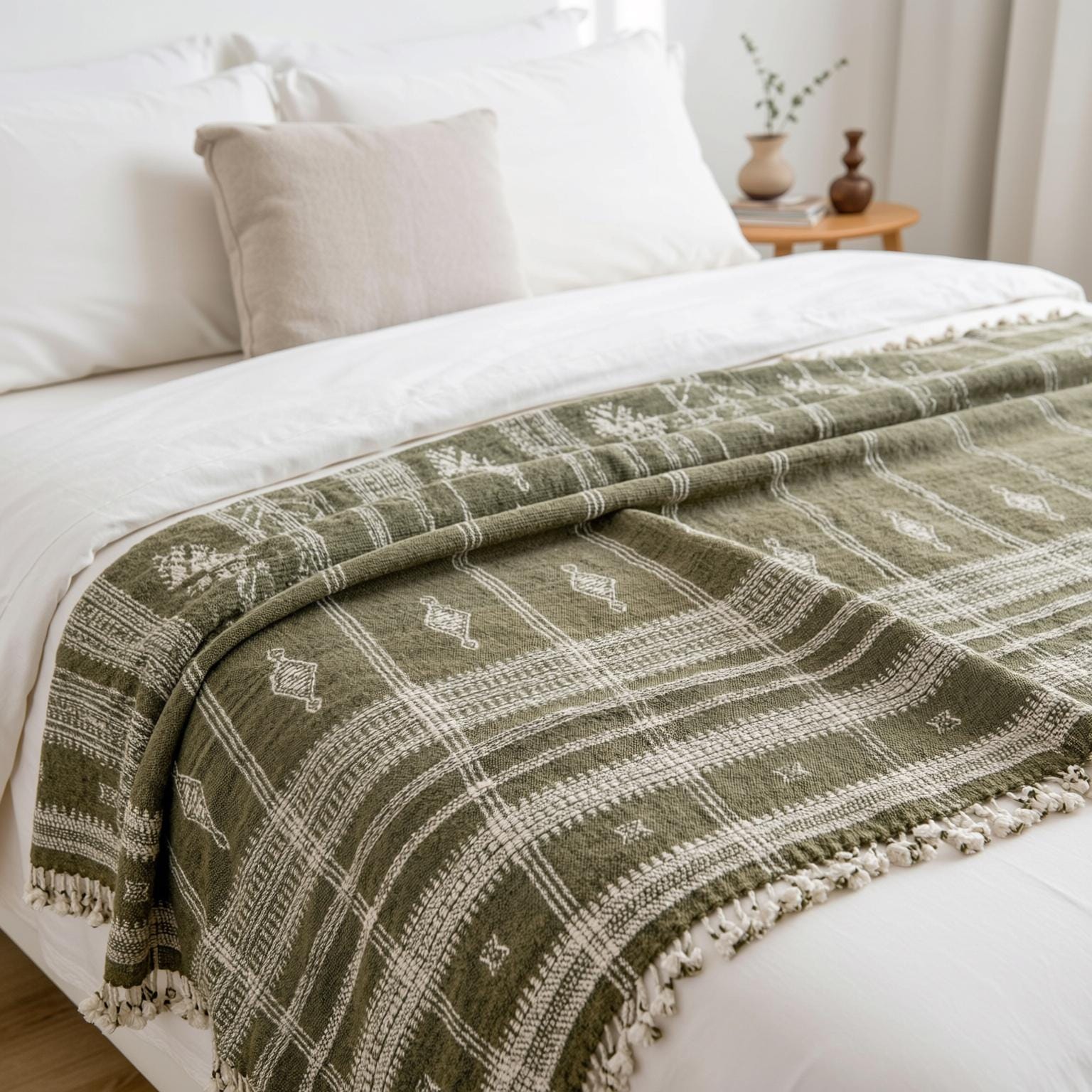 Olive Green Indian Wool Throw Blanket, Handwoven Couch Coverlet with Foot-of-Bed Layer - OLIVER