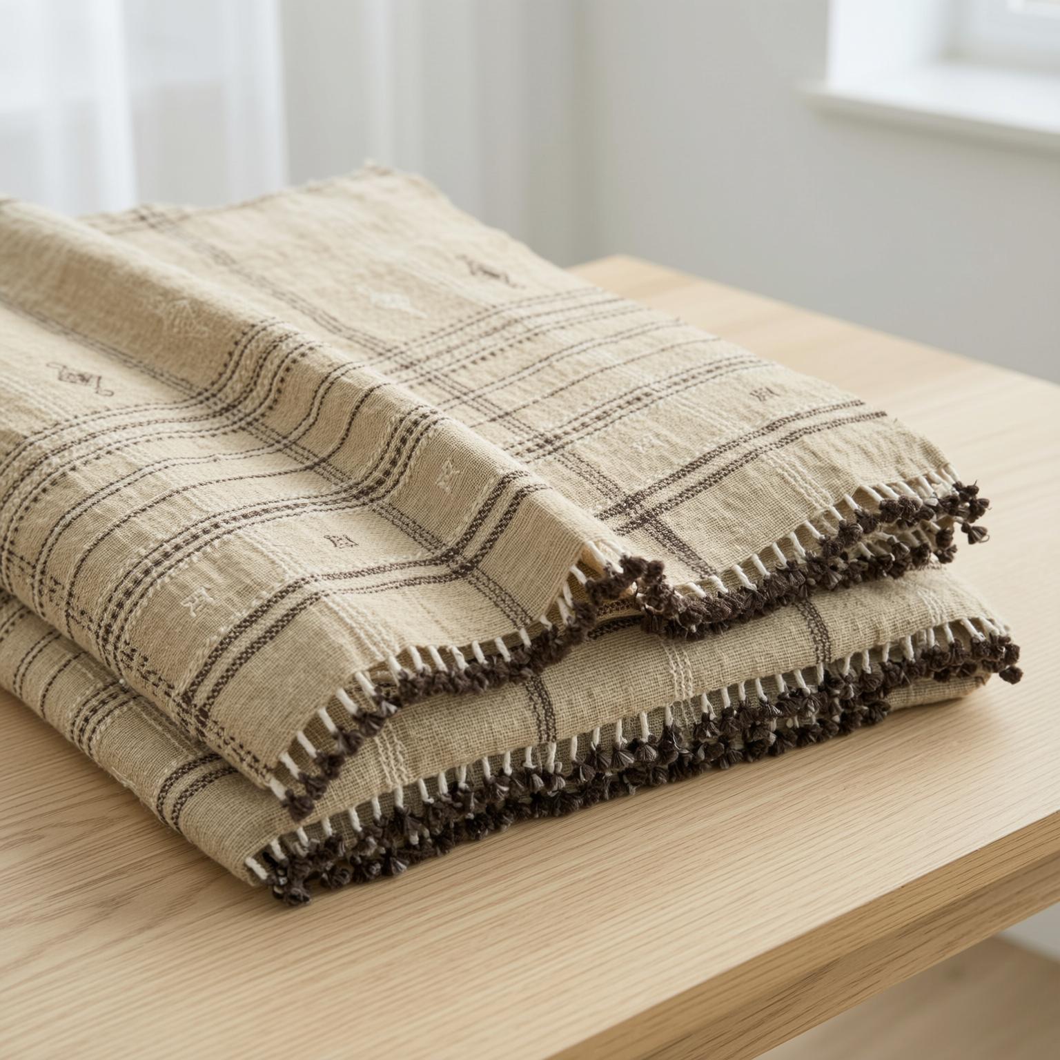 Tan Beige Indian Wool Throw Blanket, Handwoven Plaid Sofa Coverlet & Bed Runner - TANISHQ