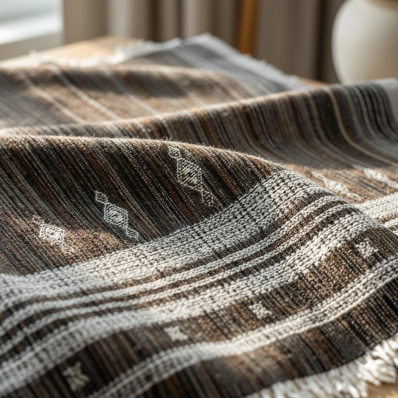 Brown Indian Wool Throw Blanket, Handwoven Sofa Coverlet & Rustic Bed Runner - SPINEL