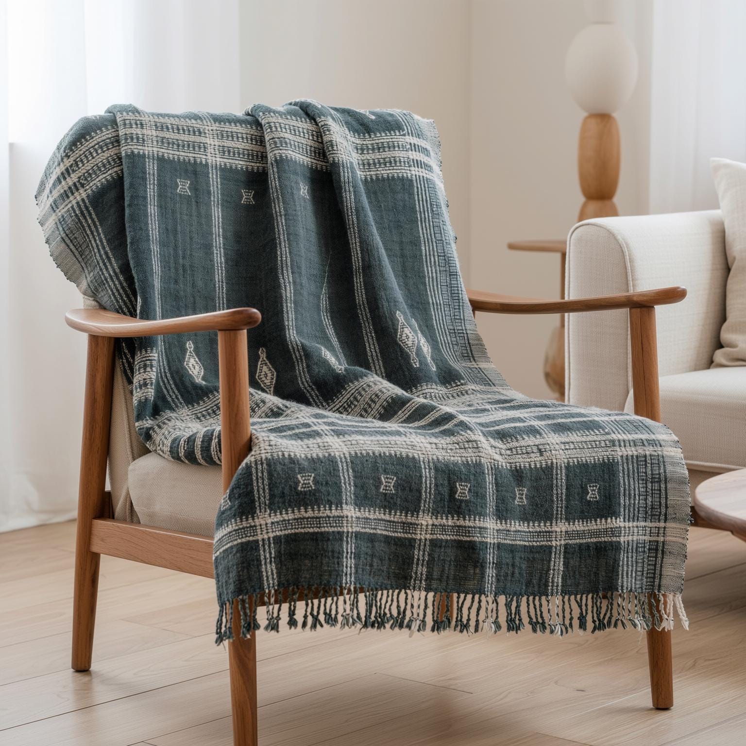 Charcoal Black Indian Wool Throw Blanket, Handwoven Sofa Coverlet with Dramatic Bed Layer - ONYX