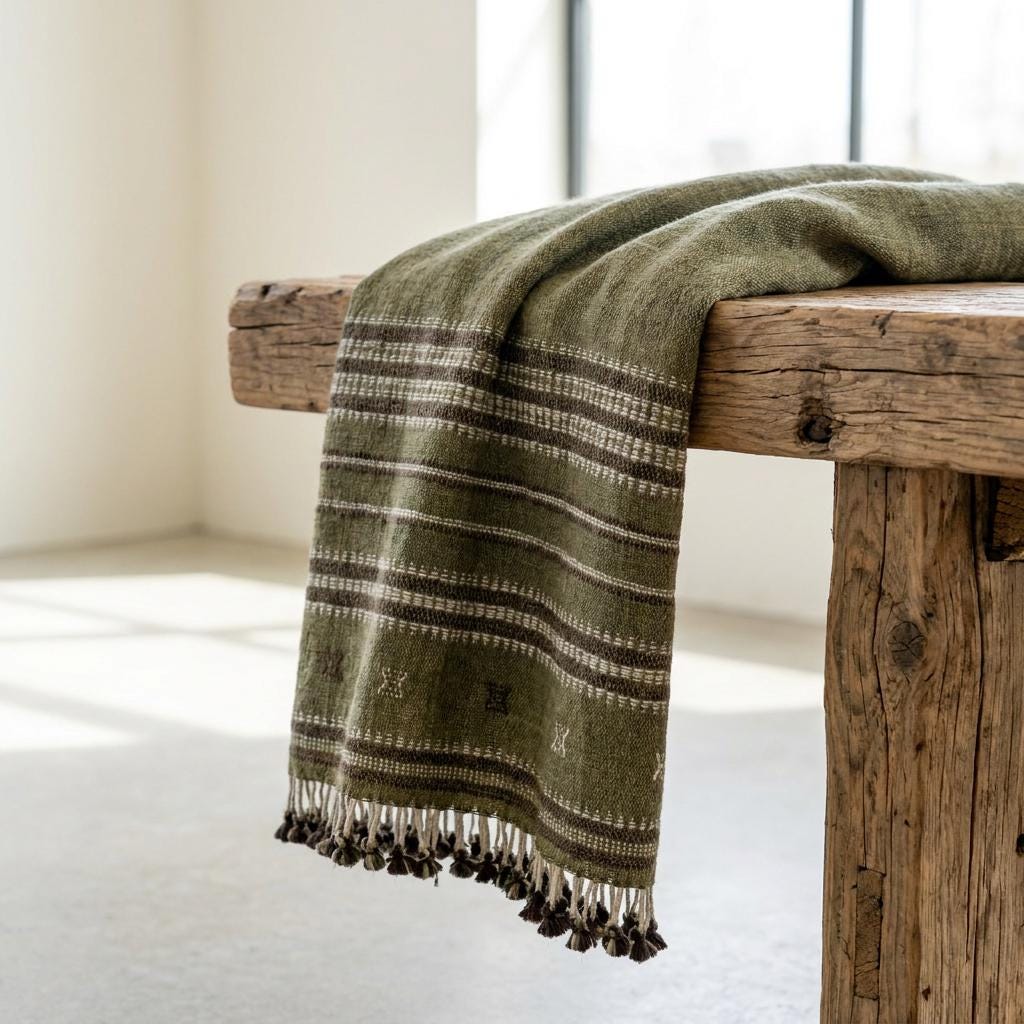 Olive Green Striped Indian Wool Throw Blanket, Handwoven Sofa Coverlet & Bed Runner - GARNET