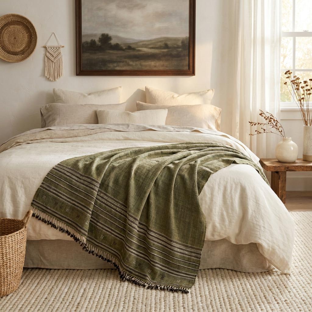 Olive Green Striped Indian Wool Throw Blanket, Handwoven Sofa Coverlet with Bed Accent - GARNET