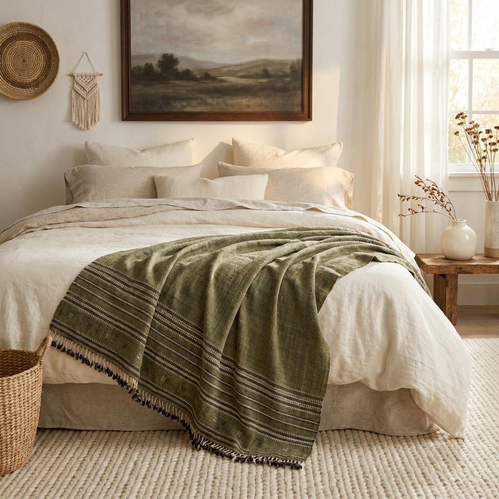 Olive Green Striped Indian Wool Throw Blanket, Handwoven Sofa Coverlet & Bed Runner - GARNET