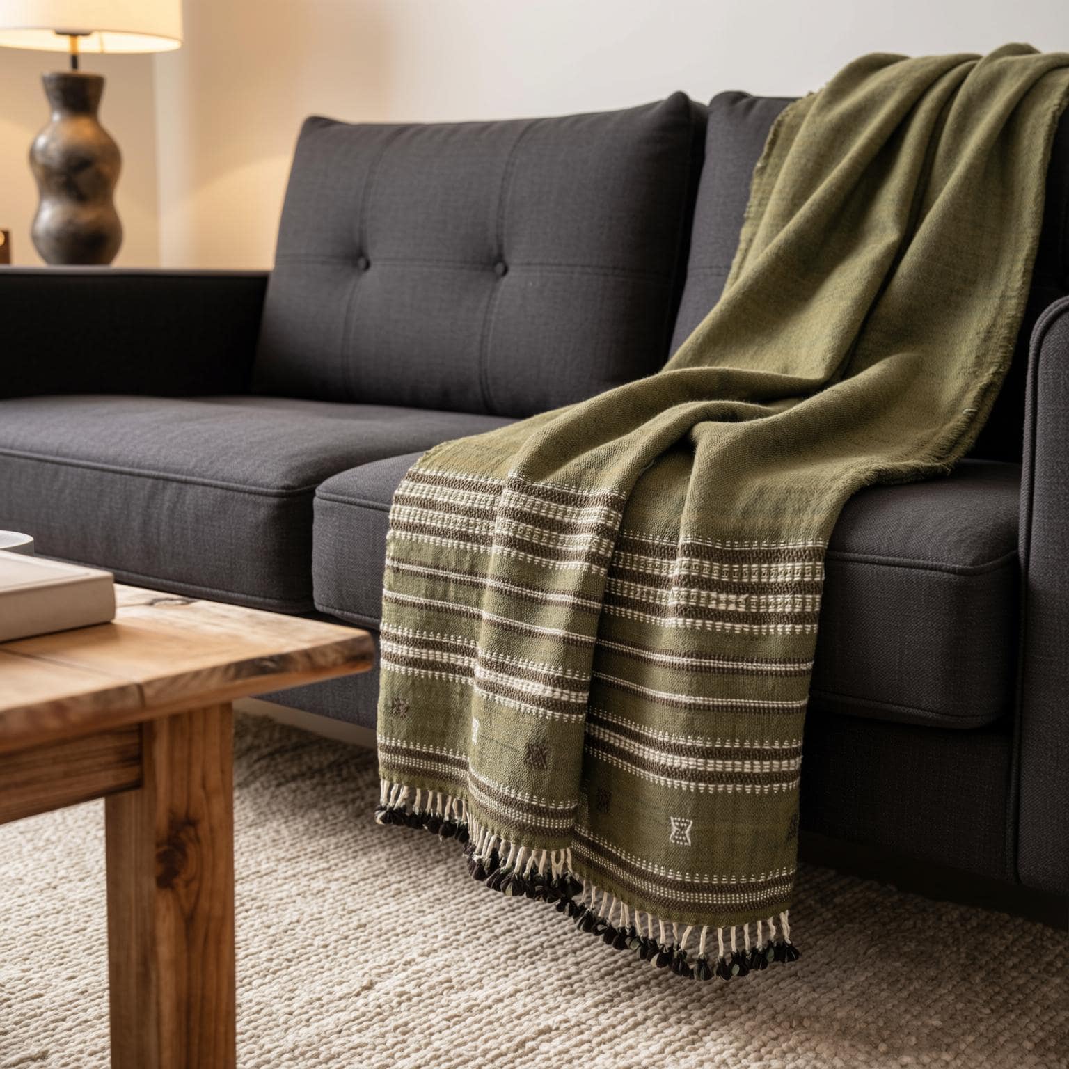 Olive Green Striped Indian Wool Throw Blanket, Handwoven Sofa Coverlet & Bed Runner - GARNET