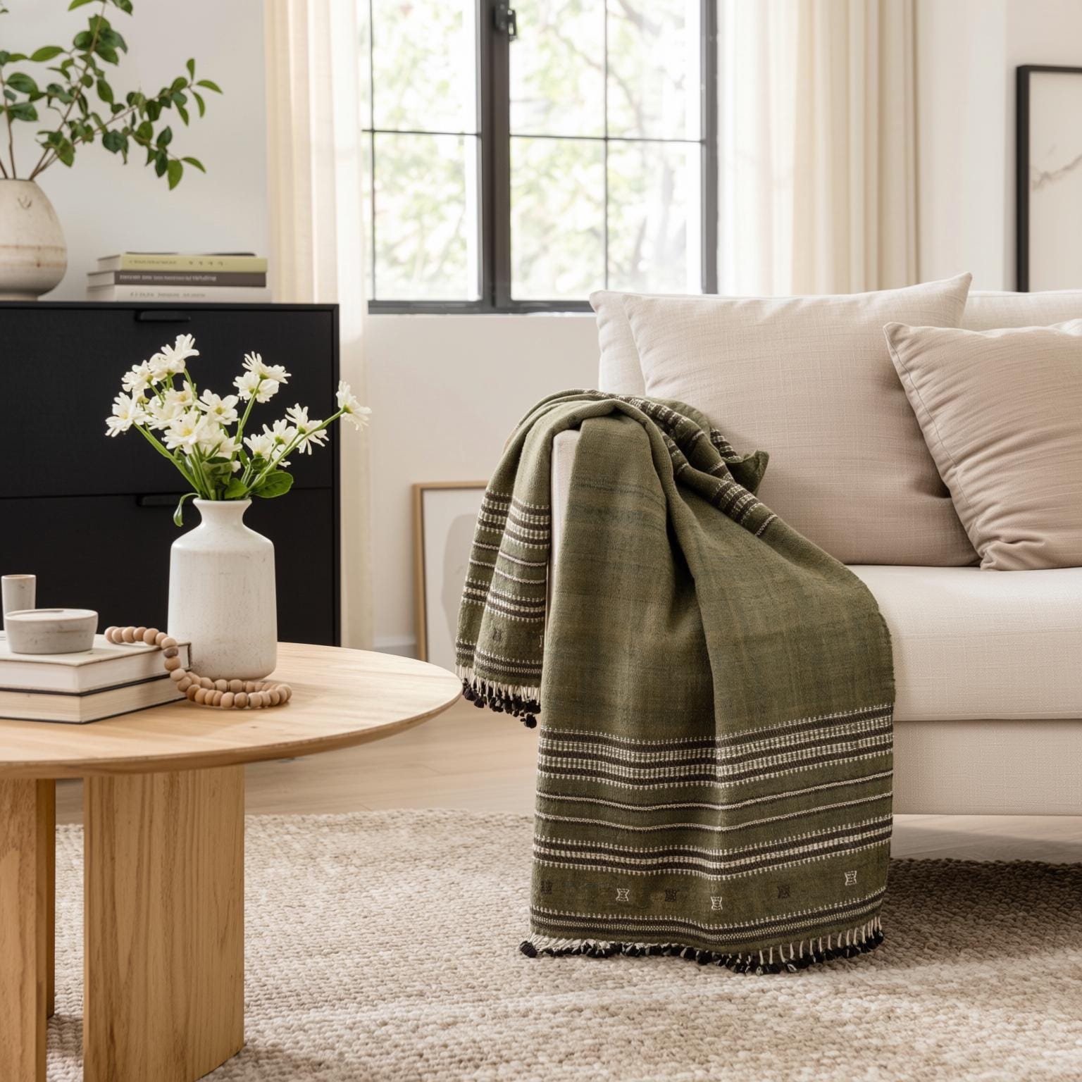 Olive Green Striped Indian Wool Throw Blanket, Handwoven Sofa Coverlet & Bed Runner - GARNET