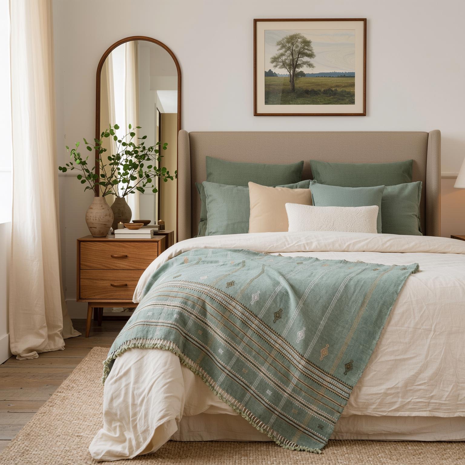 Sage Green Indian Wool Throw Blanket, Handwoven Sofa Coverlet & Lightweight Bed Runner - JADE