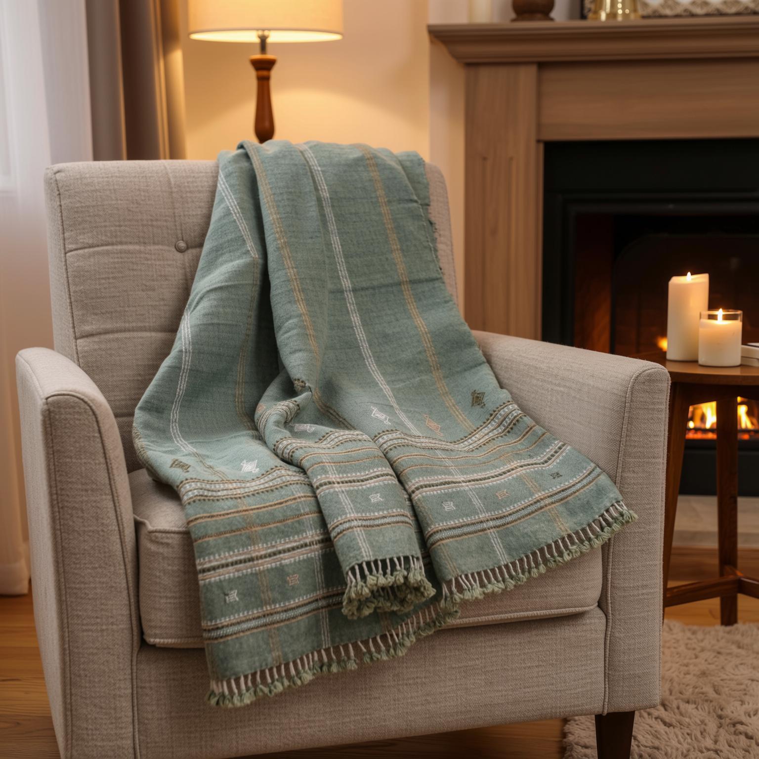 Sage Green Indian Wool Throw Blanket, Handwoven Sofa Coverlet & Lightweight Bed Runner - JADE