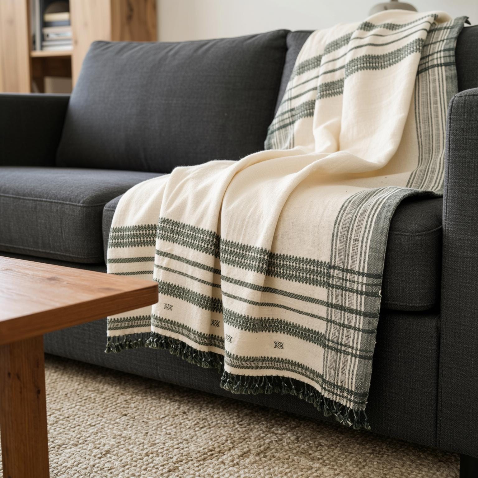 White Indian Wool Throw Blanket, Handwoven Couch Coverlet with Minimalist Bed Accent - SOLITAIRE