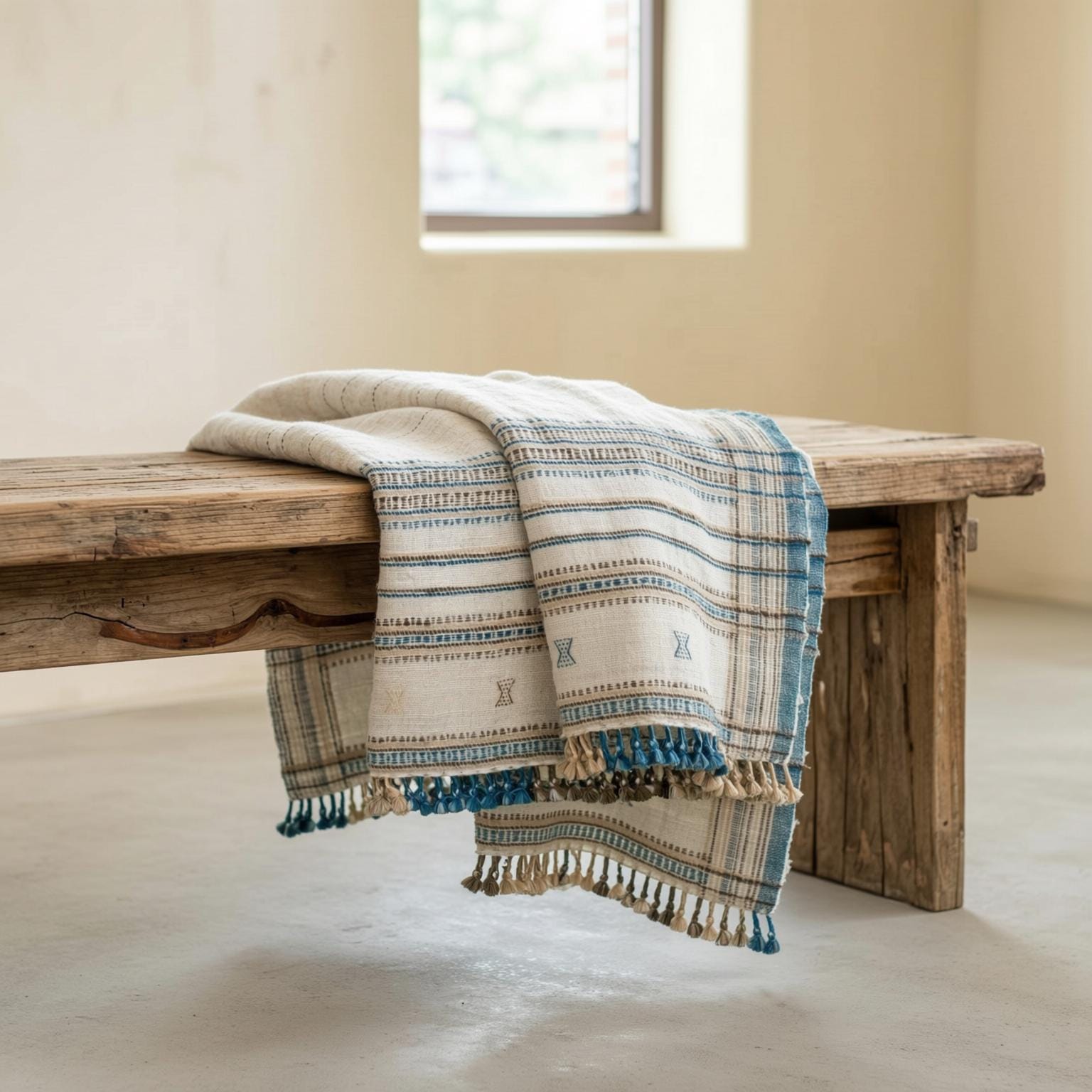 Ivory Indian Wool Throw Blanket, Handwoven Bed Coverlet & Minimalist Sofa Throw - DAZY