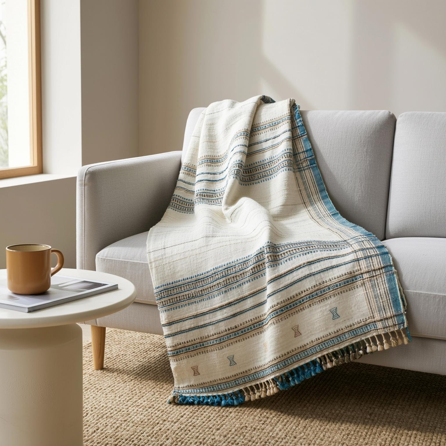 Ivory Indian Wool Throw Blanket, Handwoven Bed Coverlet & Minimalist Sofa Throw - DAZY