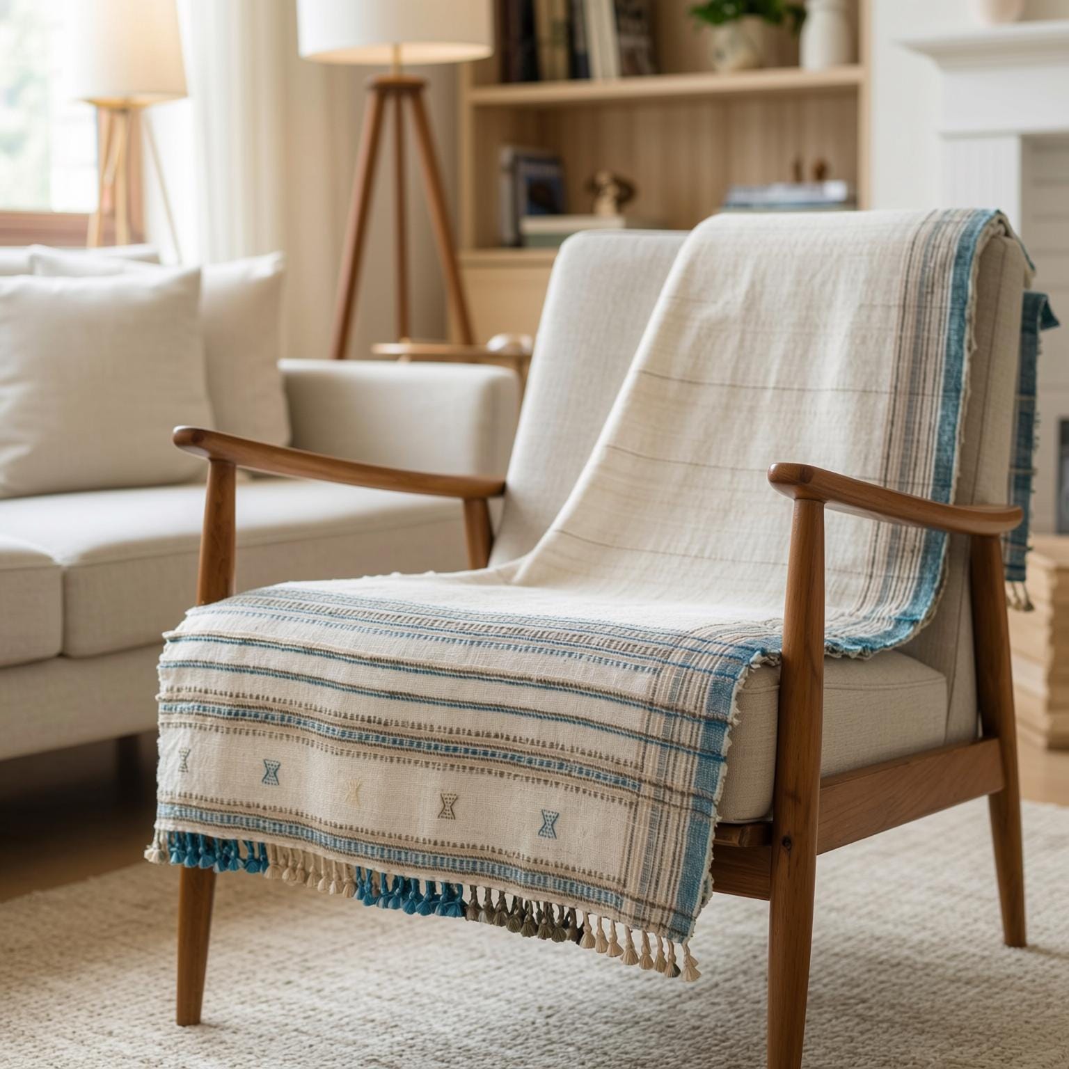 Ivory Indian Wool Throw Blanket, Handwoven Bed Coverlet & Minimalist Sofa Throw - DAZY