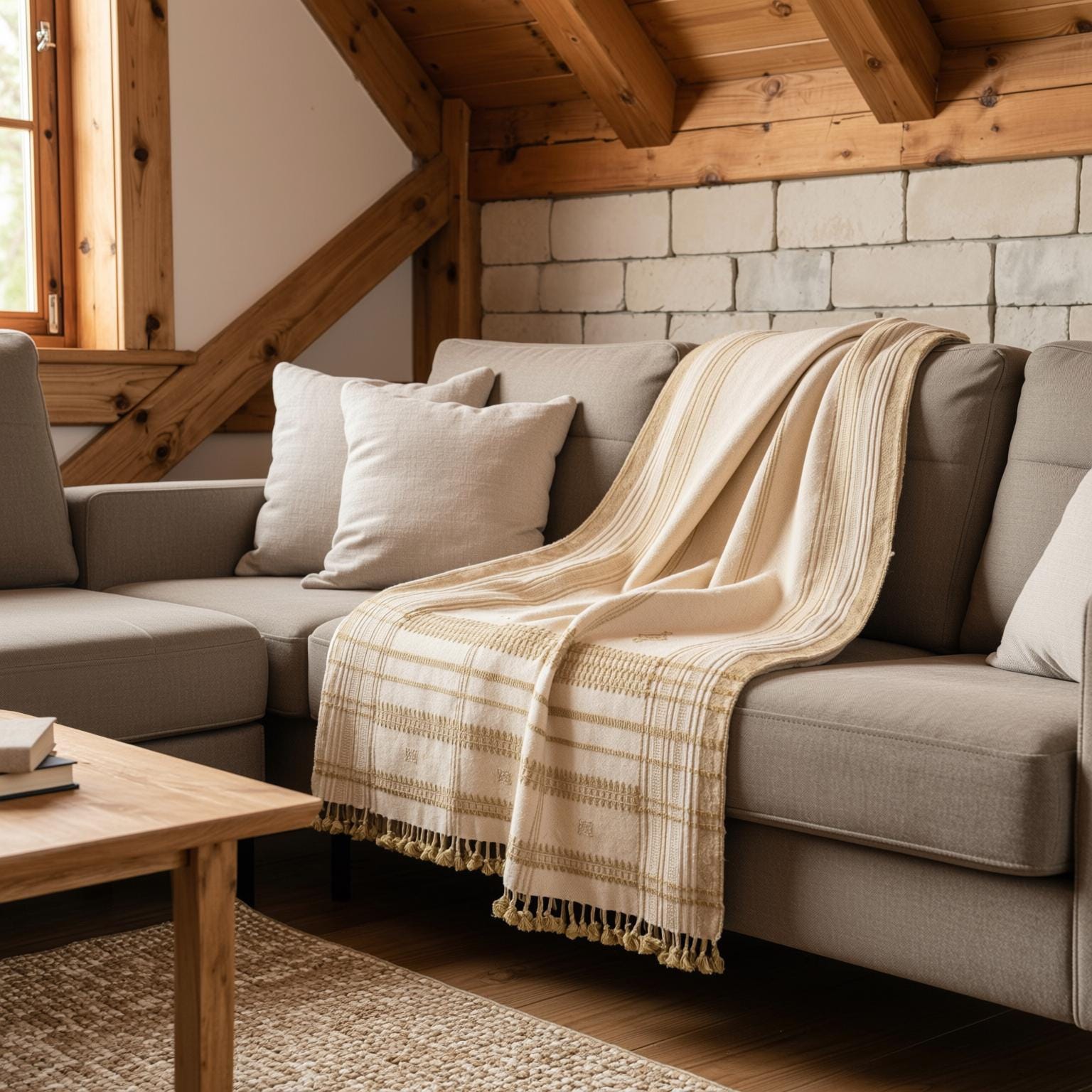 Off White Tan Indian Wool Throw Blanket, Handwoven Sofa Throw & Warm Neutral Bed Runner - HEERA
