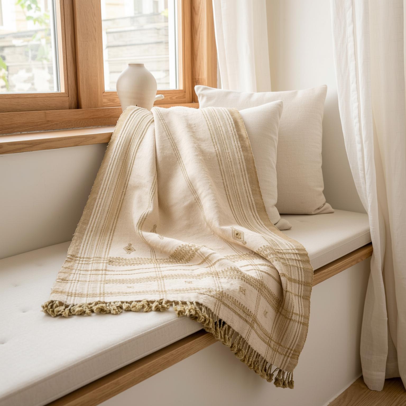Off White Tan Indian Wool Throw Blanket, Handwoven Sofa Throw & Warm Neutral Bed Runner - HEERA