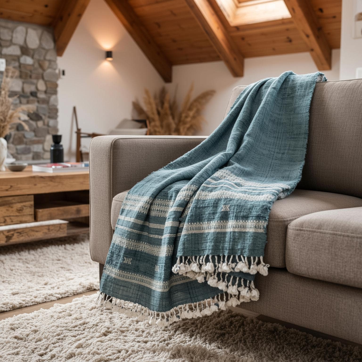 Vibrant Teal Blue Indian Wool Throw Blanket, Handwoven Boho Sofa Cover & Bed Runner - NEELAM