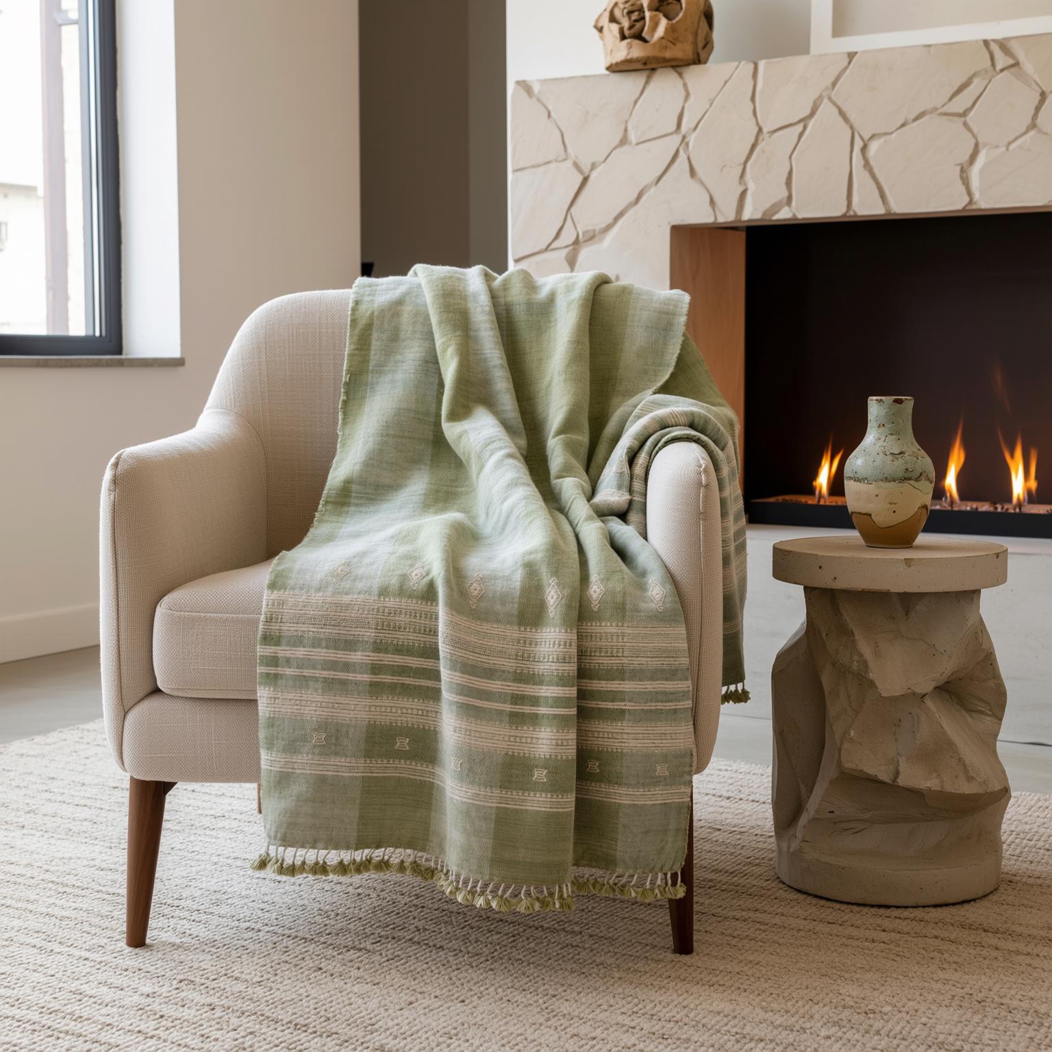 Soft Green Indian Wool Throw Blanket, Handwoven Sofa Coverlet with Quiet Calm Bedroom Layer - SAGE