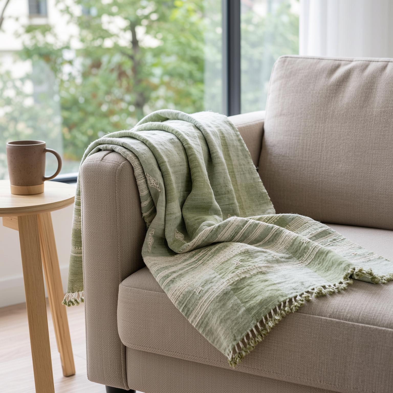 Sage Green Indian Wool Throw Blanket, Handwoven Sofa Coverlet & Neutral Bed Runner - SAGE