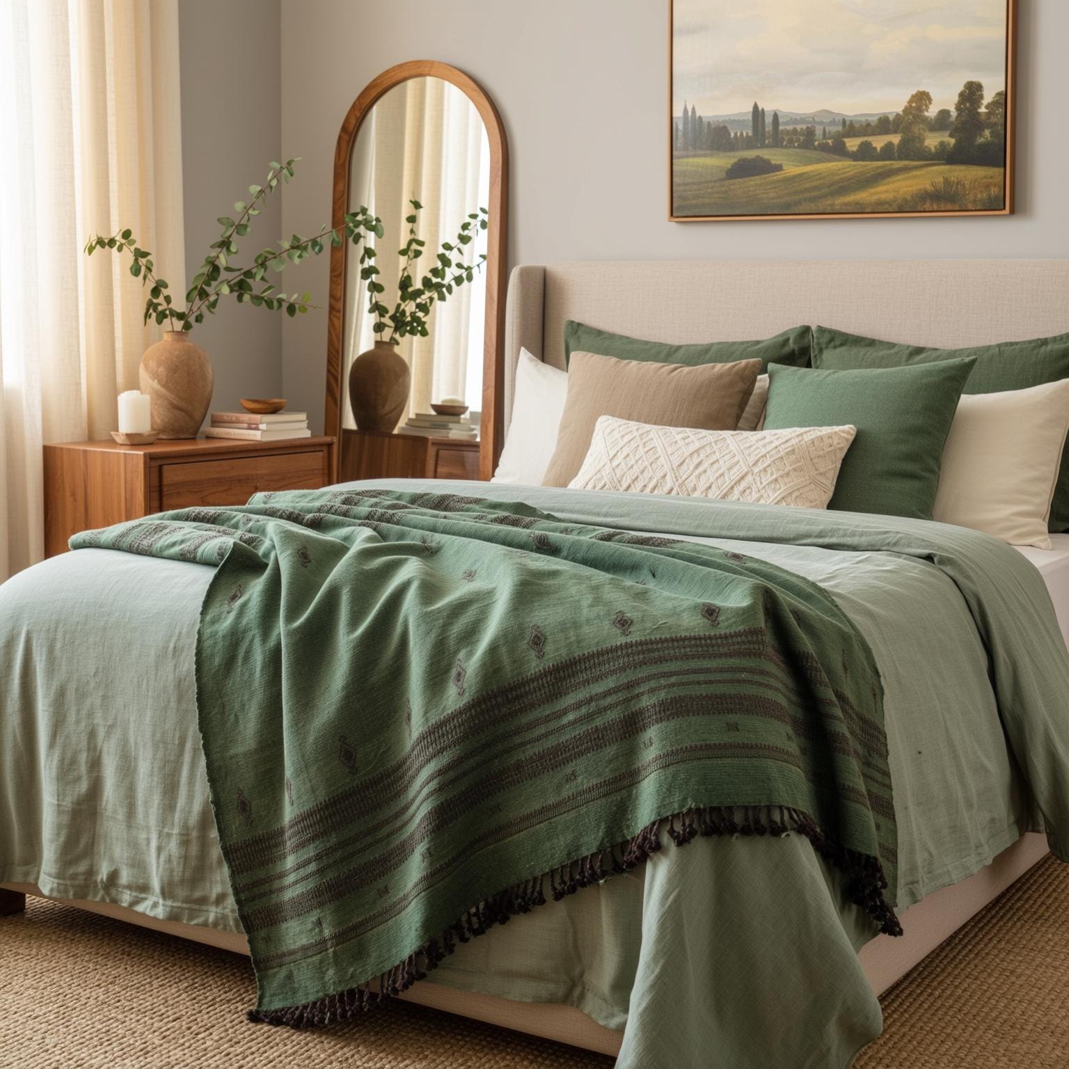 Green Indian Wool Throw Blanket, Handwoven Sofa Coverlet & Earthy Bed Runner - BASIL