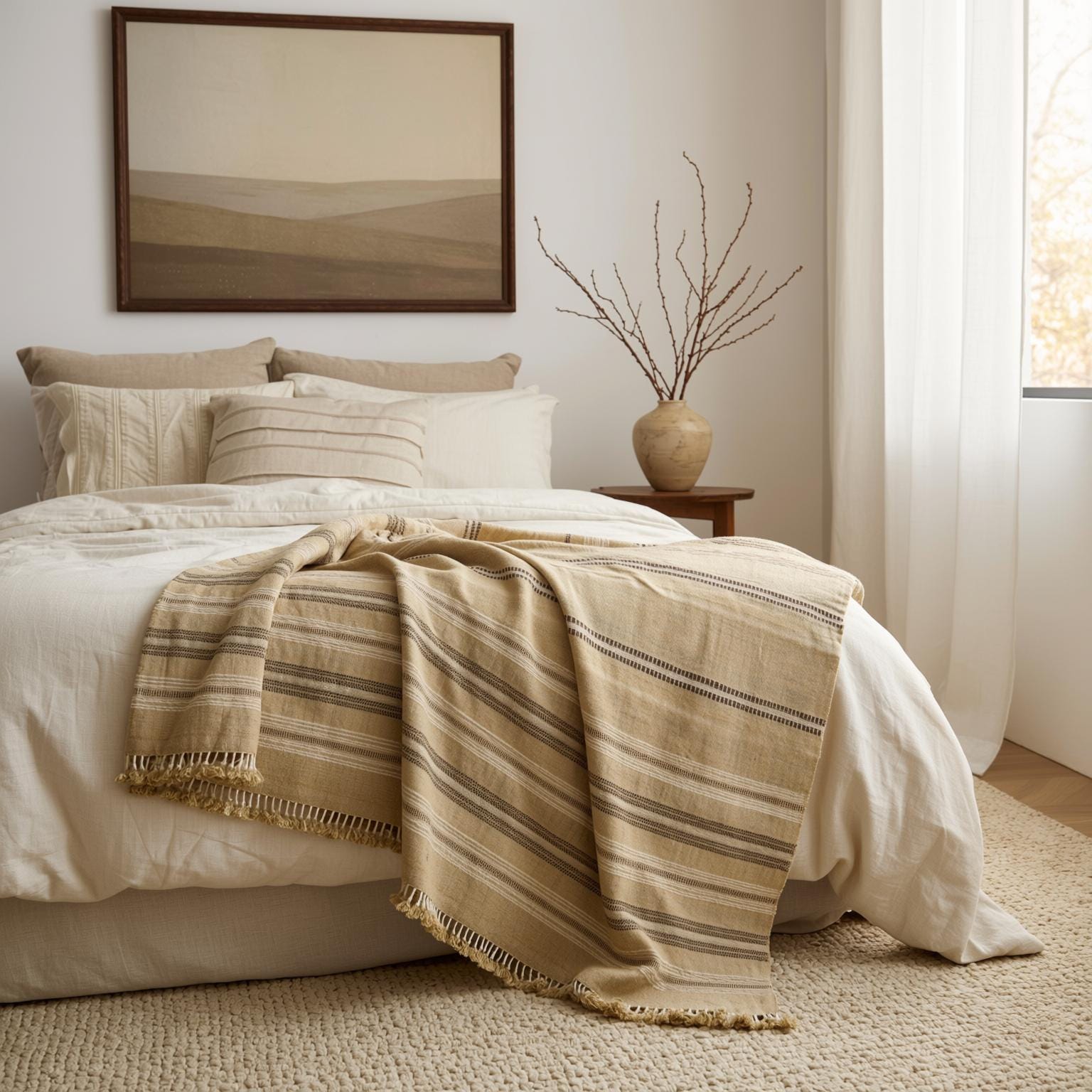 Beige Tan Indian Wool Throw Blanket, Handwoven Sofa Runner & Neutral Bedspread - OPAL