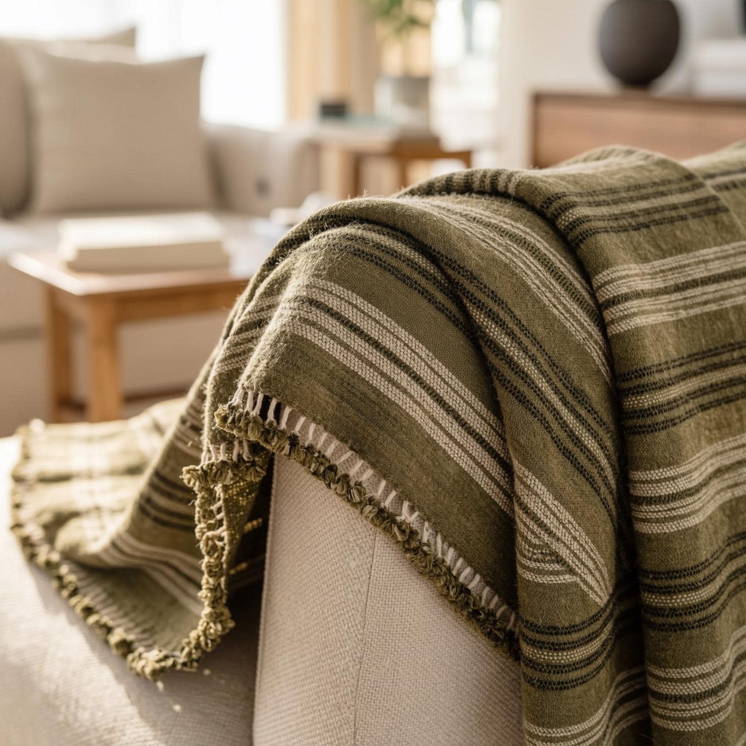 Olive Green Striped Indian Wool Throw Blanket, Handwoven Sofa Coverlet & Bed Runner - MOSS
