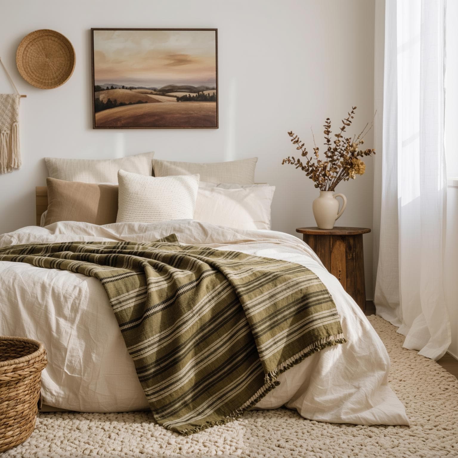 Olive Green Striped Indian Wool Throw Blanket, Handwoven Sofa Coverlet & Bed Runner - MOSS