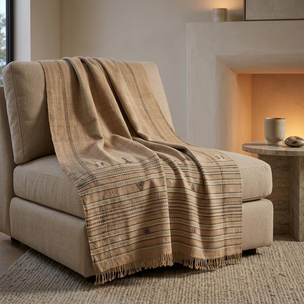 Rust Orange Indian Wool Throw Blanket, Handwoven Sofa Coverlet with Heritage Bedroom Layer - RUBY
