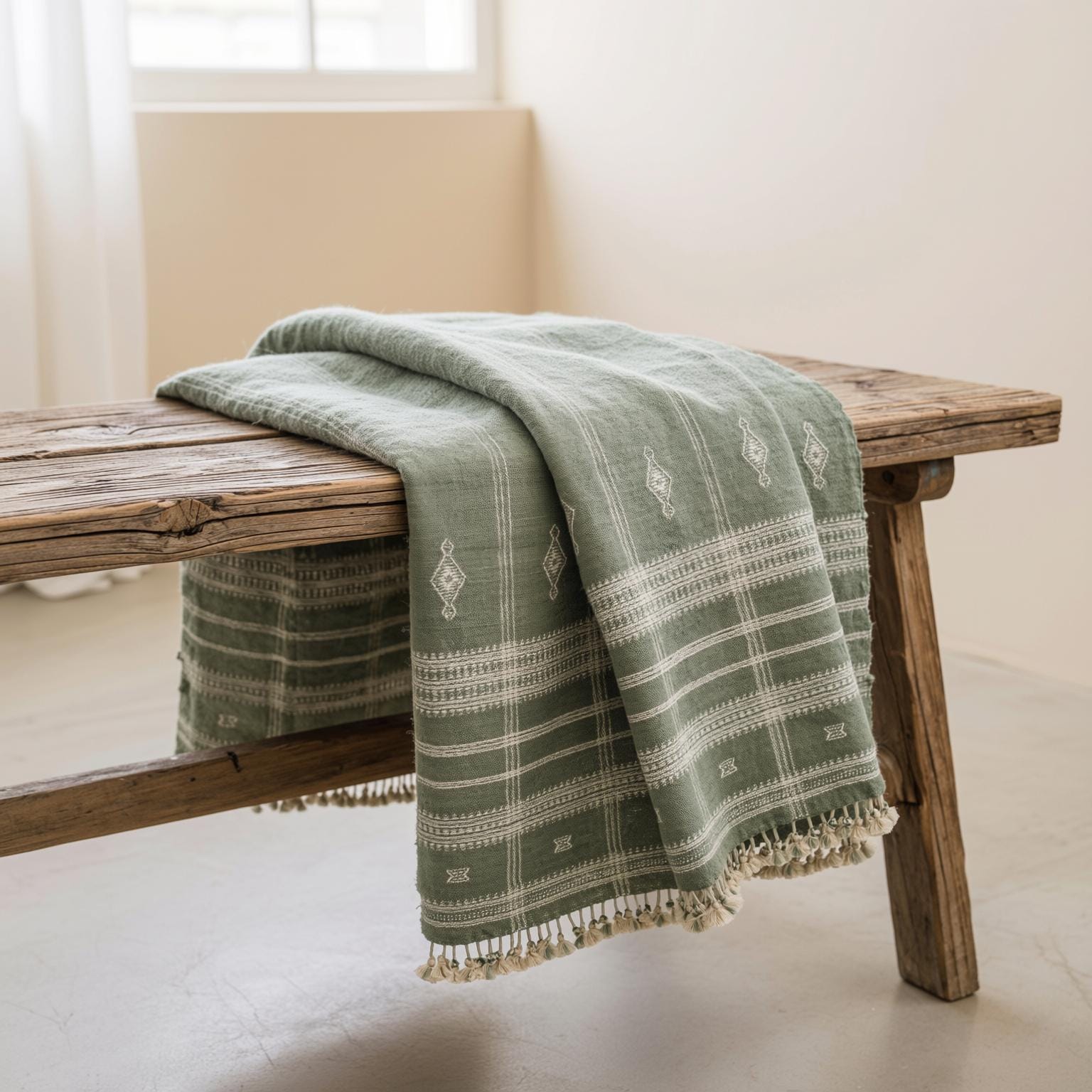 Sage Green Indian Wool Throw Blanket, Handwoven Sofa Coverlet & Minimalist Bed Runner - EMRALD
