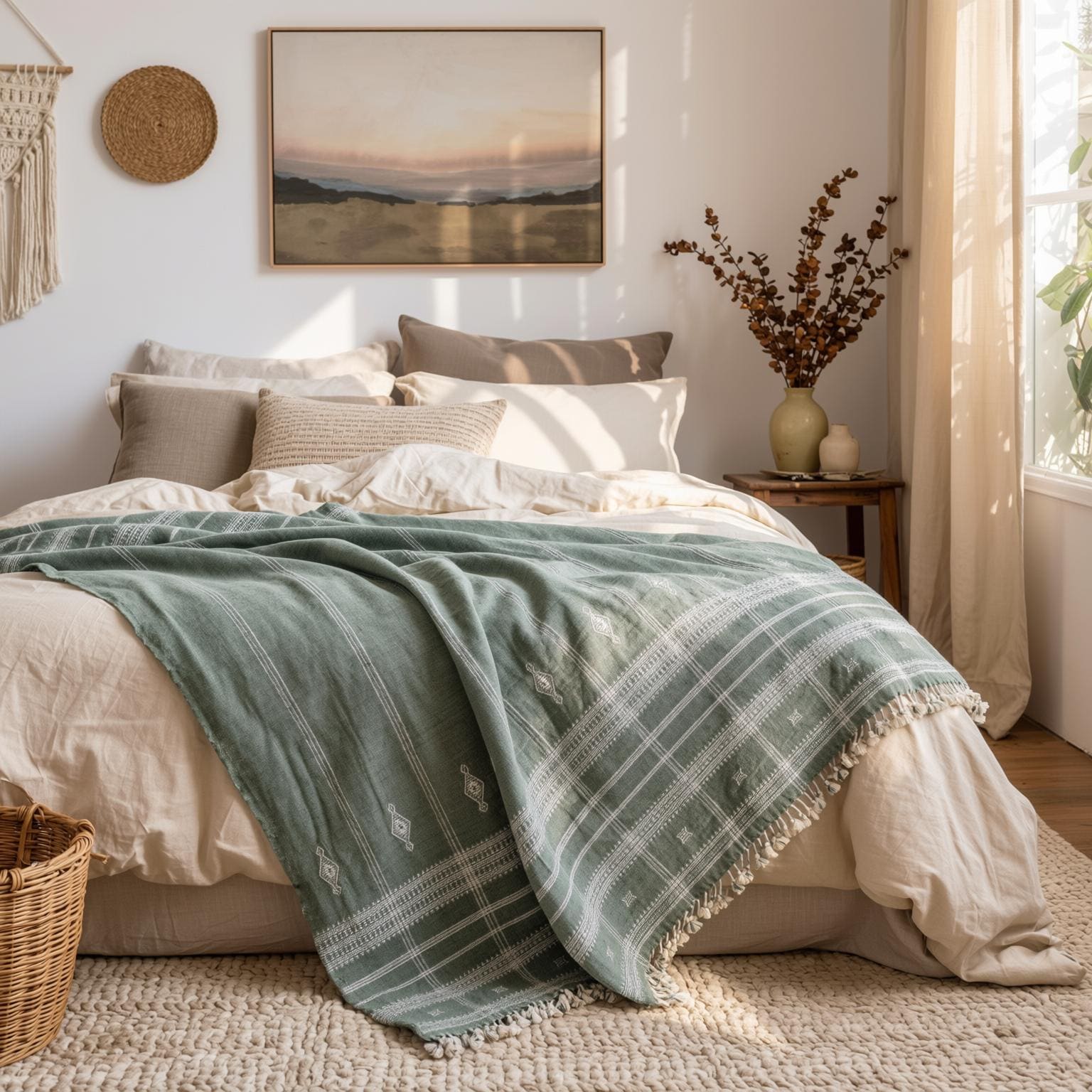 Soft Green Indian Wool Throw Blanket, Handwoven Couch Coverlet with Minimalist Bed Accent - EMRALD