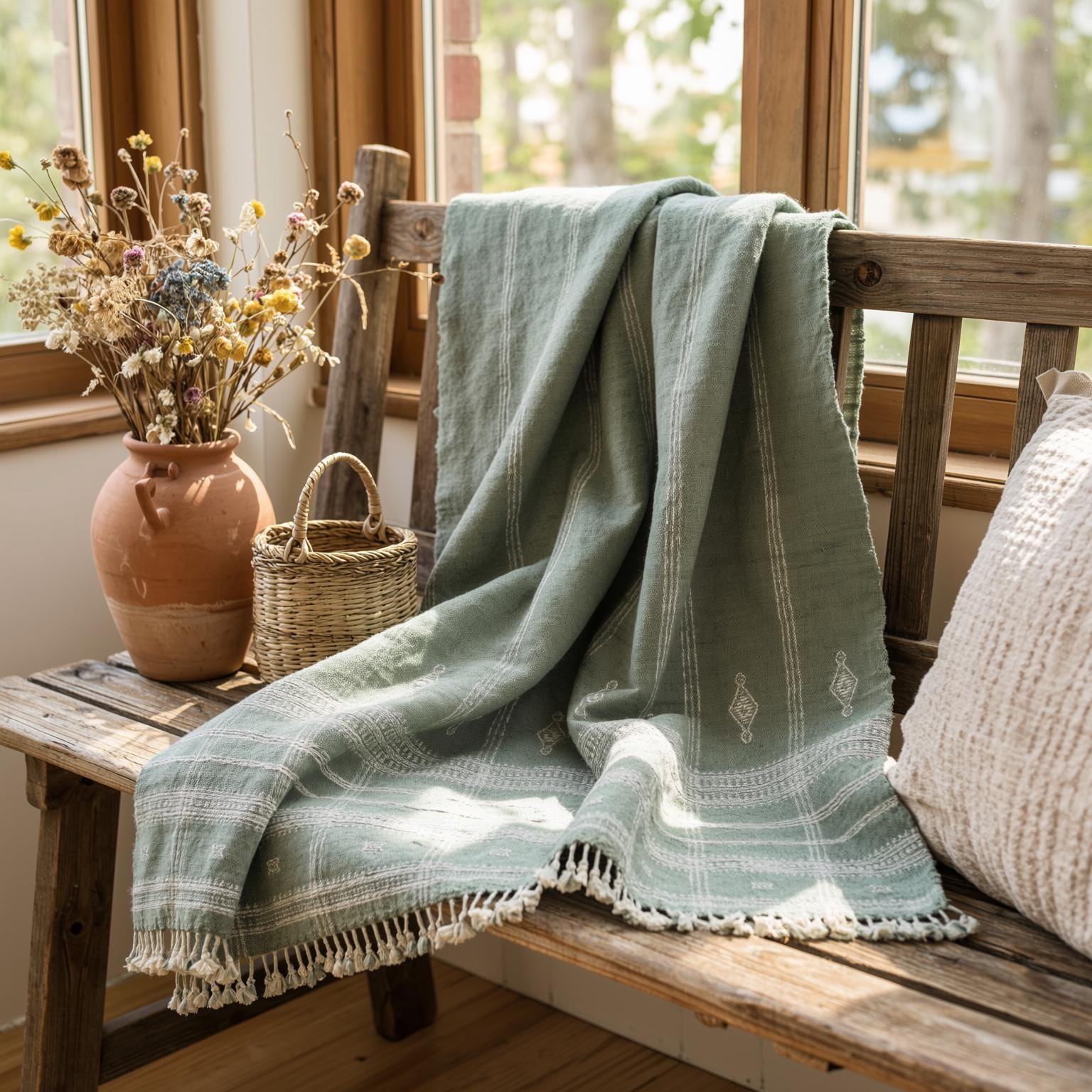 Soft Green Indian Wool Throw Blanket, Handwoven Couch Coverlet with Minimalist Bed Accent - EMRALD