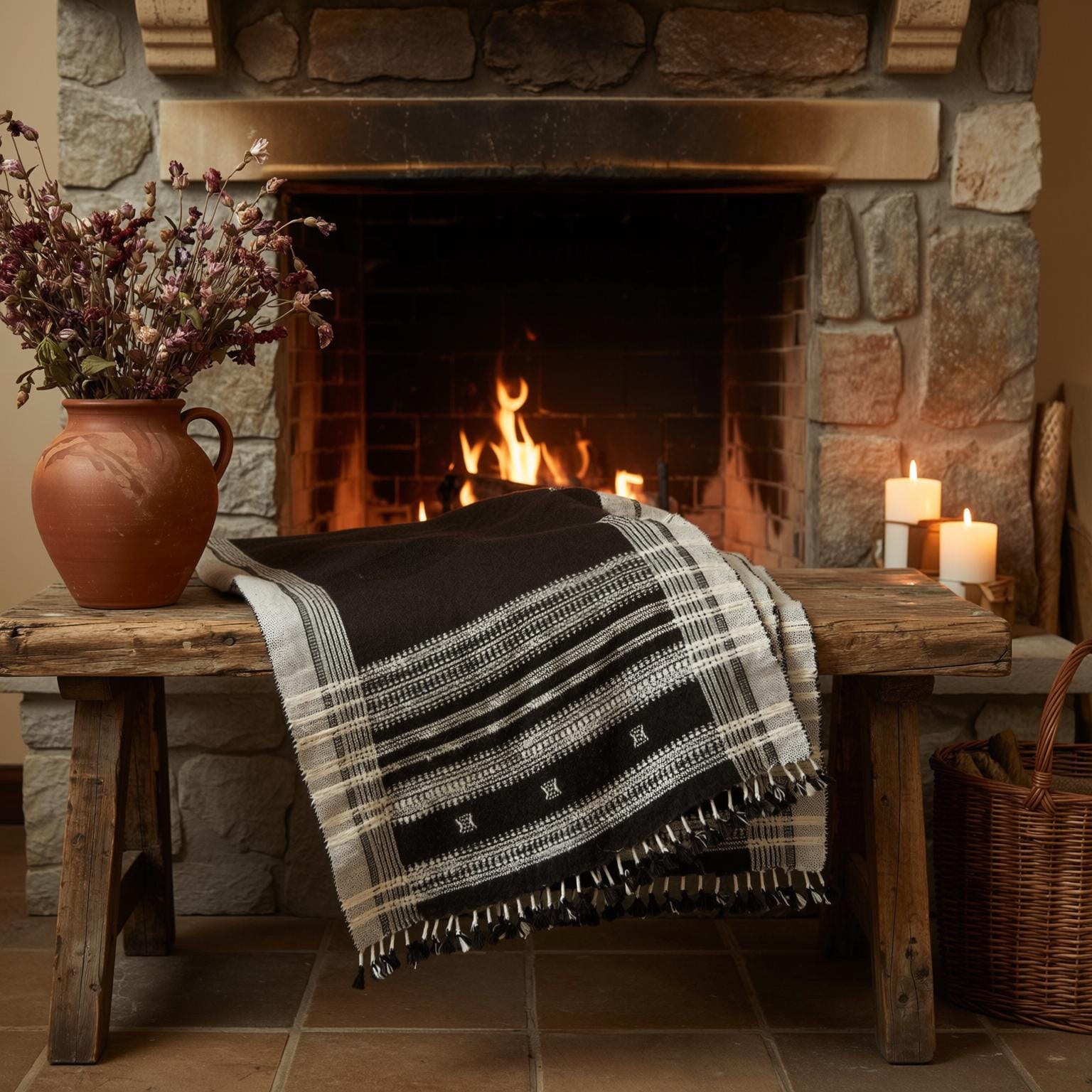 Chocolate Brown Indian Wool Throw Blanket, Handwoven Sofa Coverlet & Rustic Bed Runner - QUARTZ
