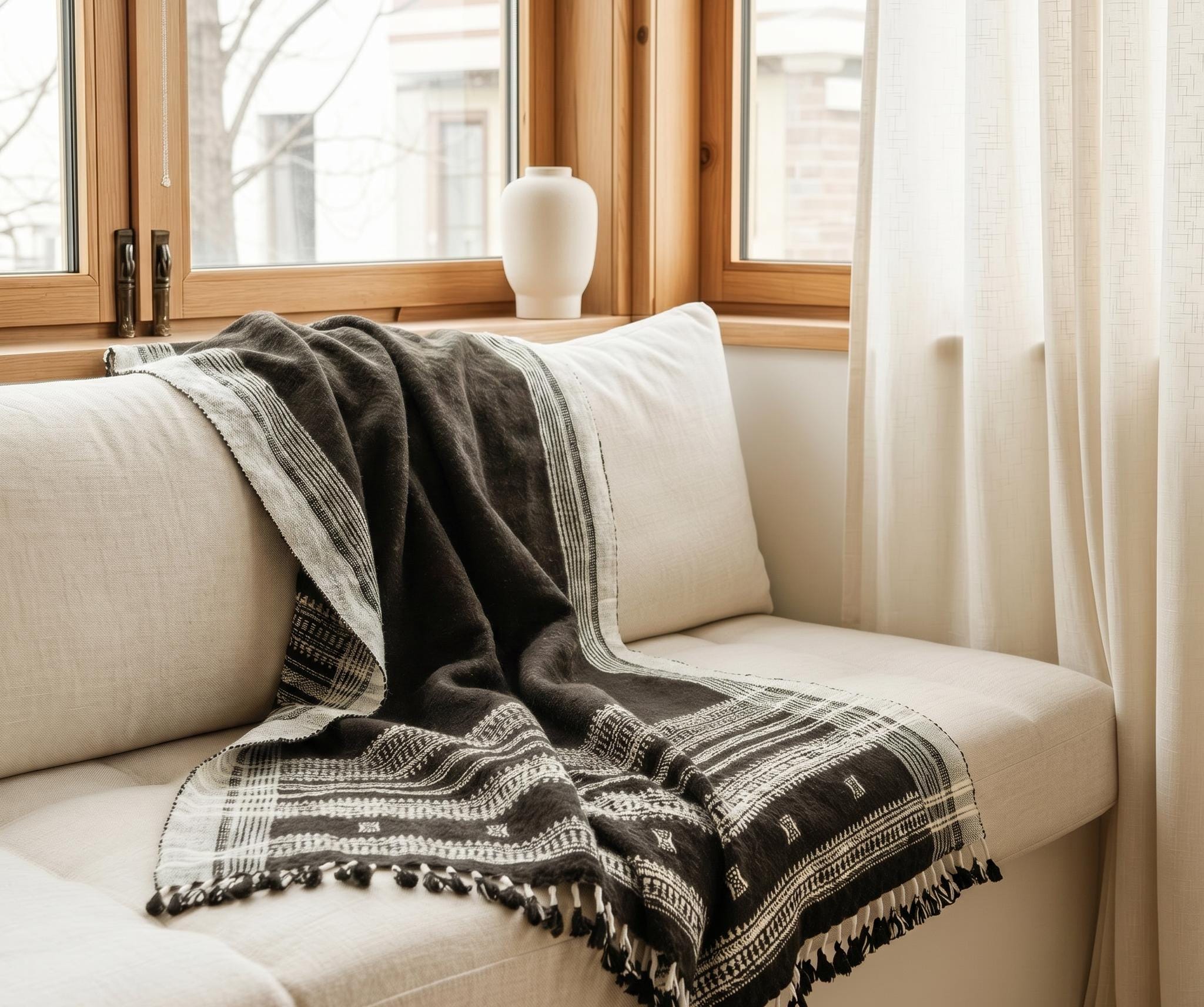 Chocolate Brown Indian Wool Throw Blanket, Handwoven Sofa Coverlet & Rustic Bed Runner - QUARTZ