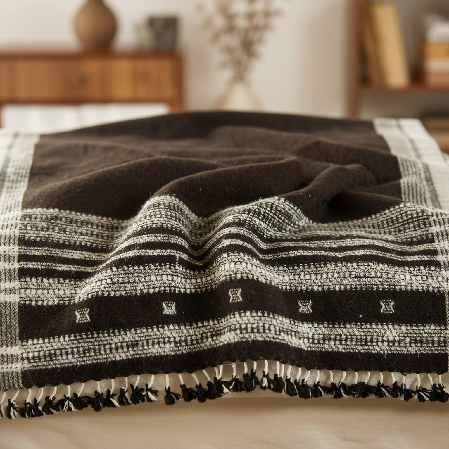 Chocolate Brown Indian Wool Throw Blanket, Handwoven Sofa Coverlet & Rustic Bed Runner - QUARTZ