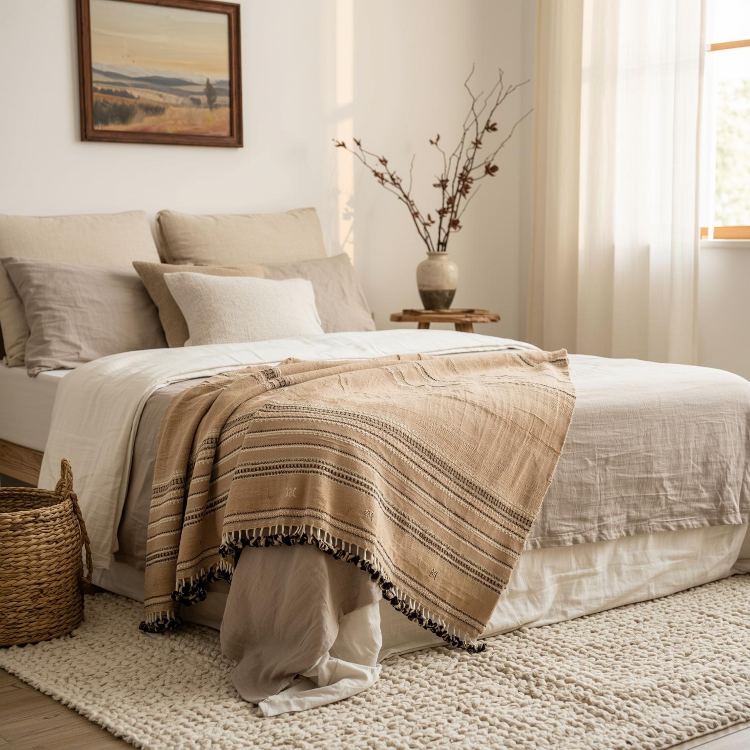 Rust Orange Indian Wool Throw Blanket, Handwoven Couch Coverlet with Warm Bedroom Accent - SUNSTONE