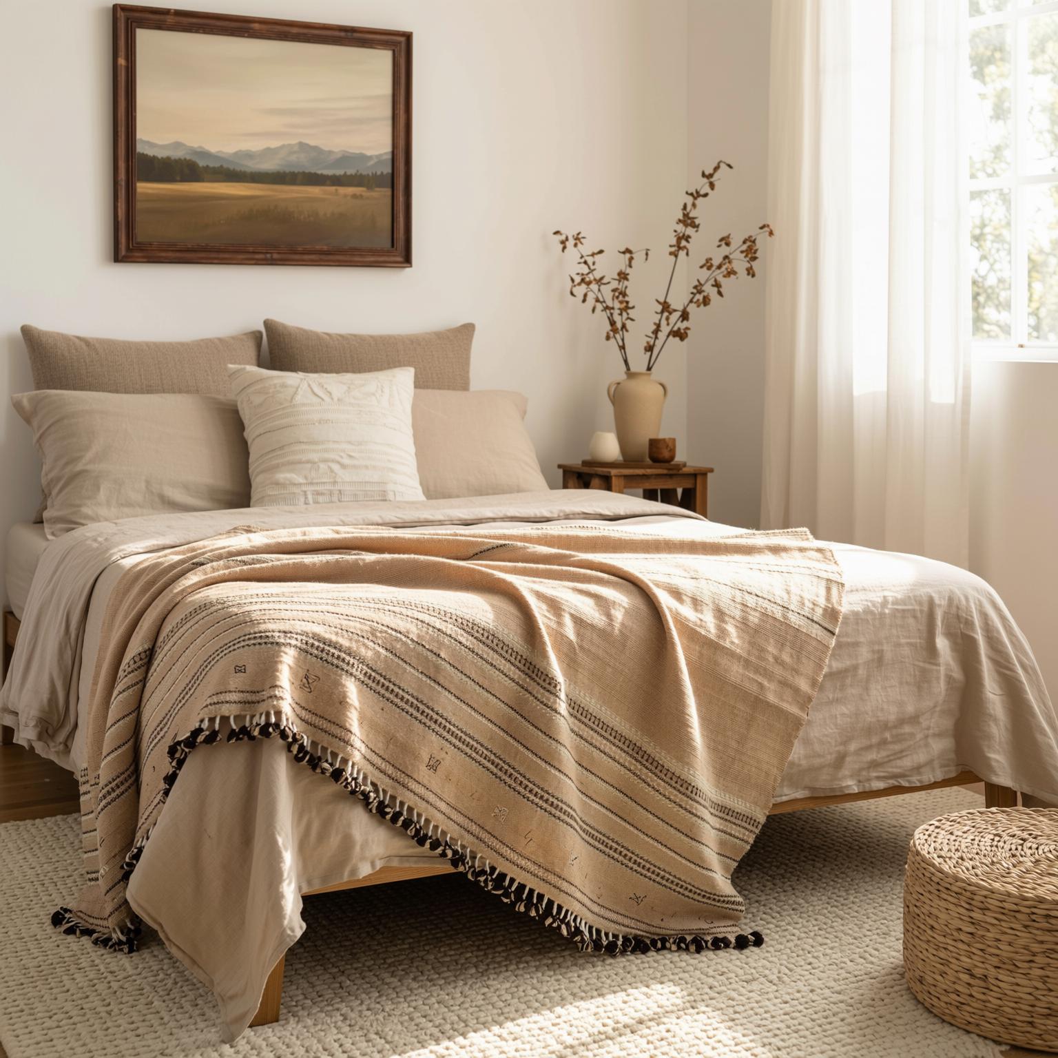 Rust Orange Indian Wool Throw Blanket, Handwoven Couch Coverlet with Warm Bedroom Accent - SUNSTONE