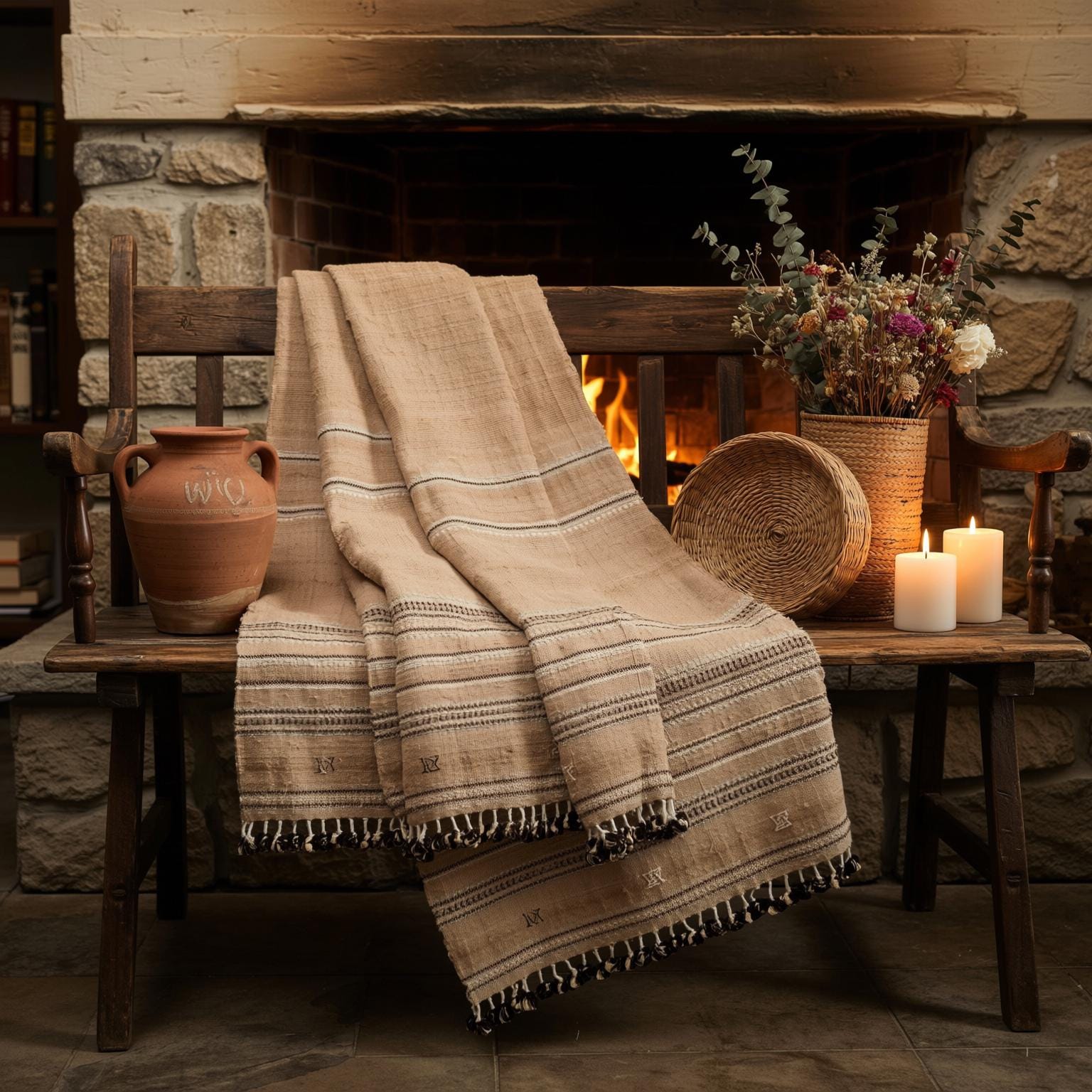 Rust Orange Indian Wool Throw Blanket, Handwoven Couch Coverlet with Warm Bedroom Accent - SUNSTONE