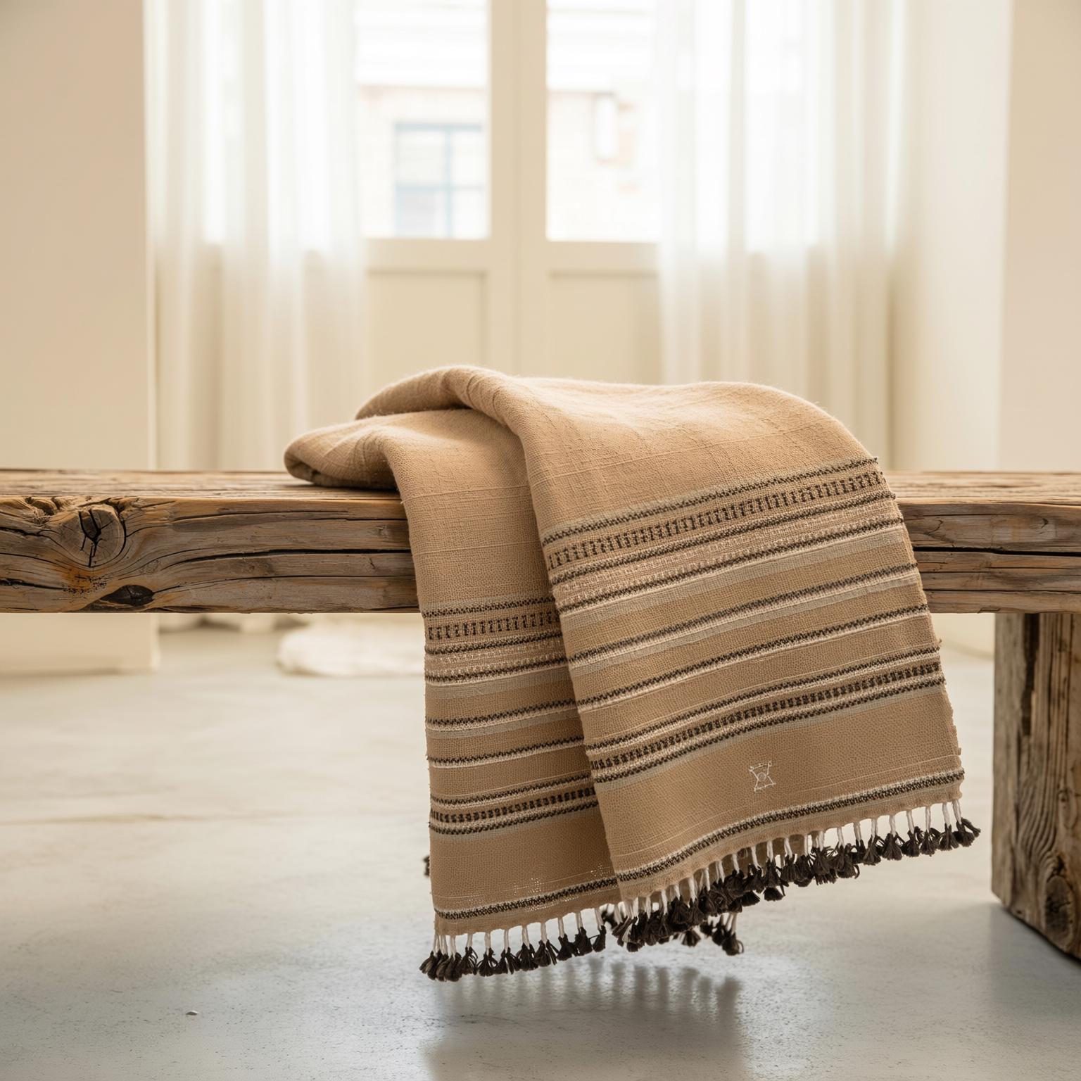 Orange Tan Indian Wool Throw Blanket, Handwoven Couch Coverlet with Heritage Bed Accent - PRAVALA