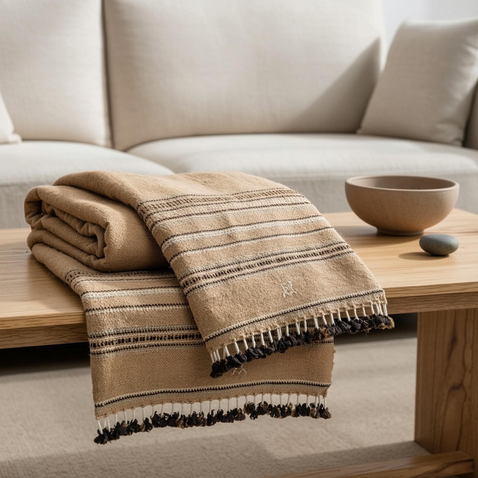 Orange Tan Indian Wool Throw Blanket, Handwoven Couch Coverlet with Heritage Bed Accent - PRAVALA