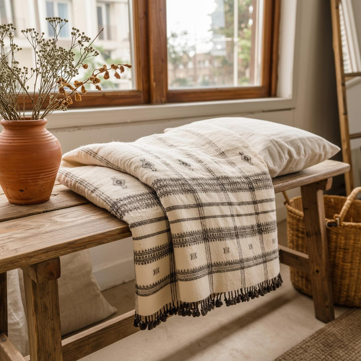 Off White Indian Wool Throw Blanket, Handwoven Sofa Coverlet with Neutral Bedroom Layer - PEARL