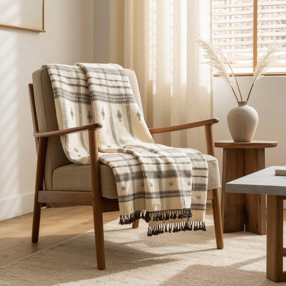 Off White Indian Wool Throw Blanket, Handwoven Sofa Coverlet with Neutral Bedroom Layer - PEARL