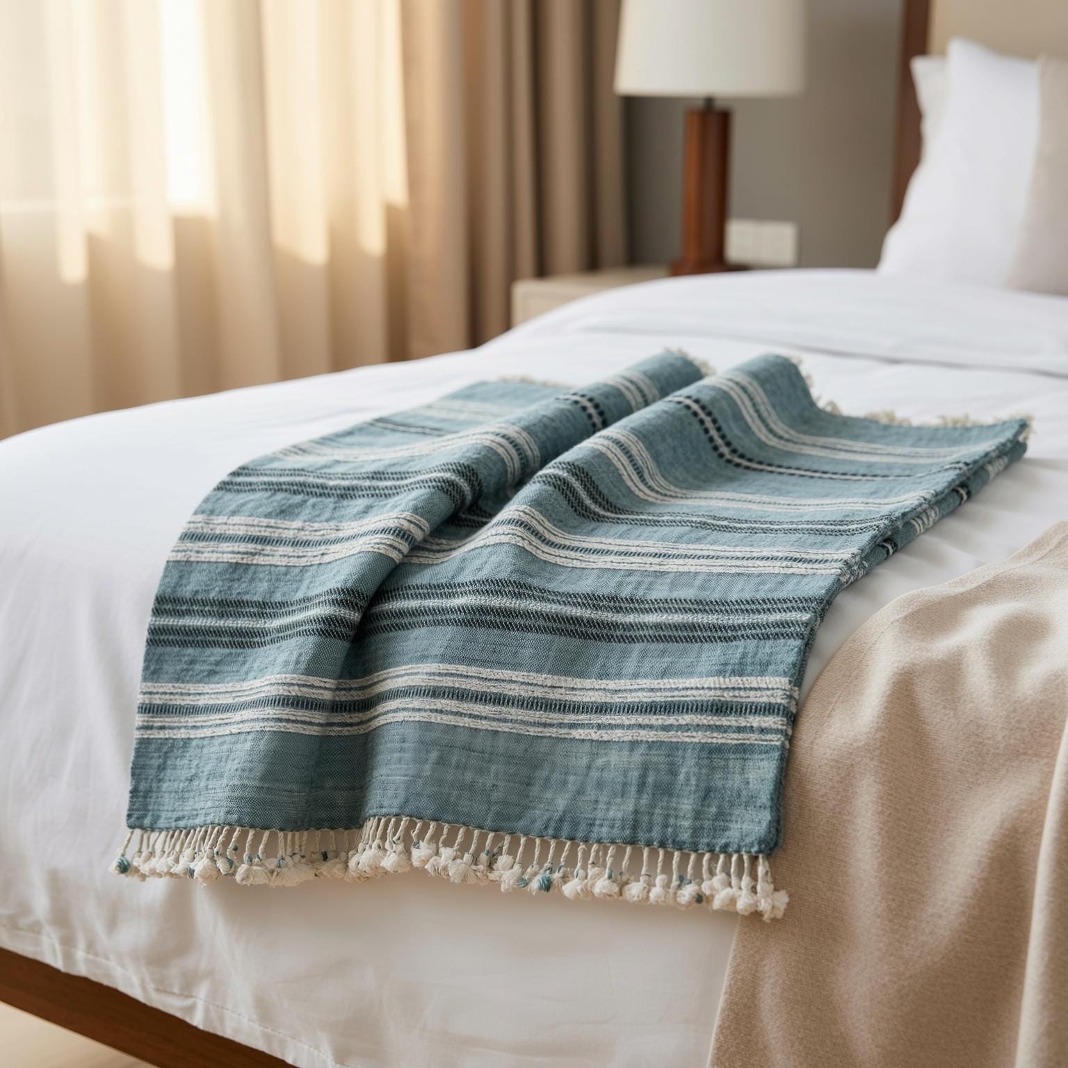 Teal Blue Striped Indian Wool Throw Blanket, Handwoven Couch Coverlet with Bed Accent - SAPPHIRE