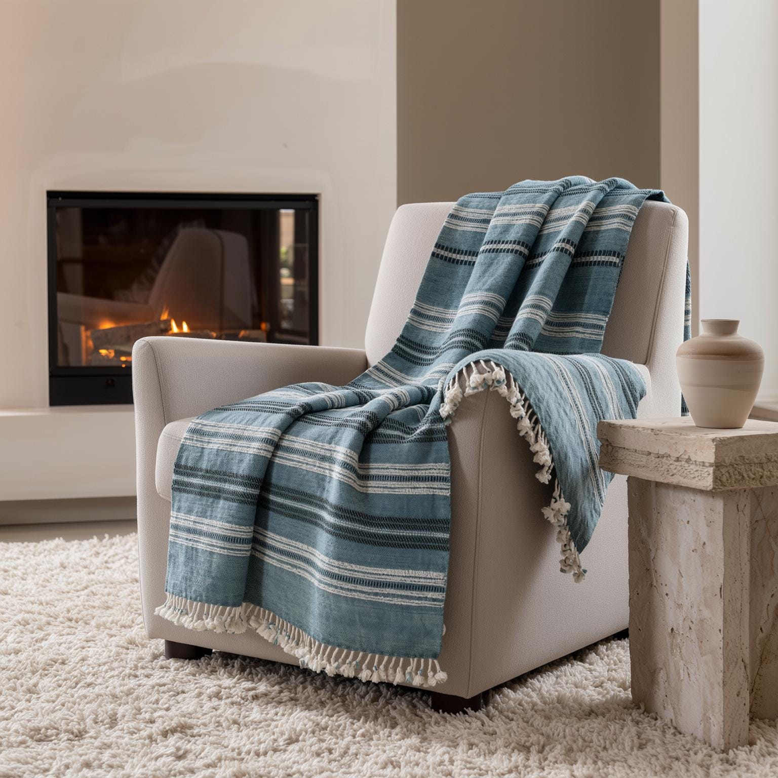 Teal Blue Striped Indian Wool Throw Blanket, Handwoven Couch Coverlet with Bed Accent - SAPPHIRE