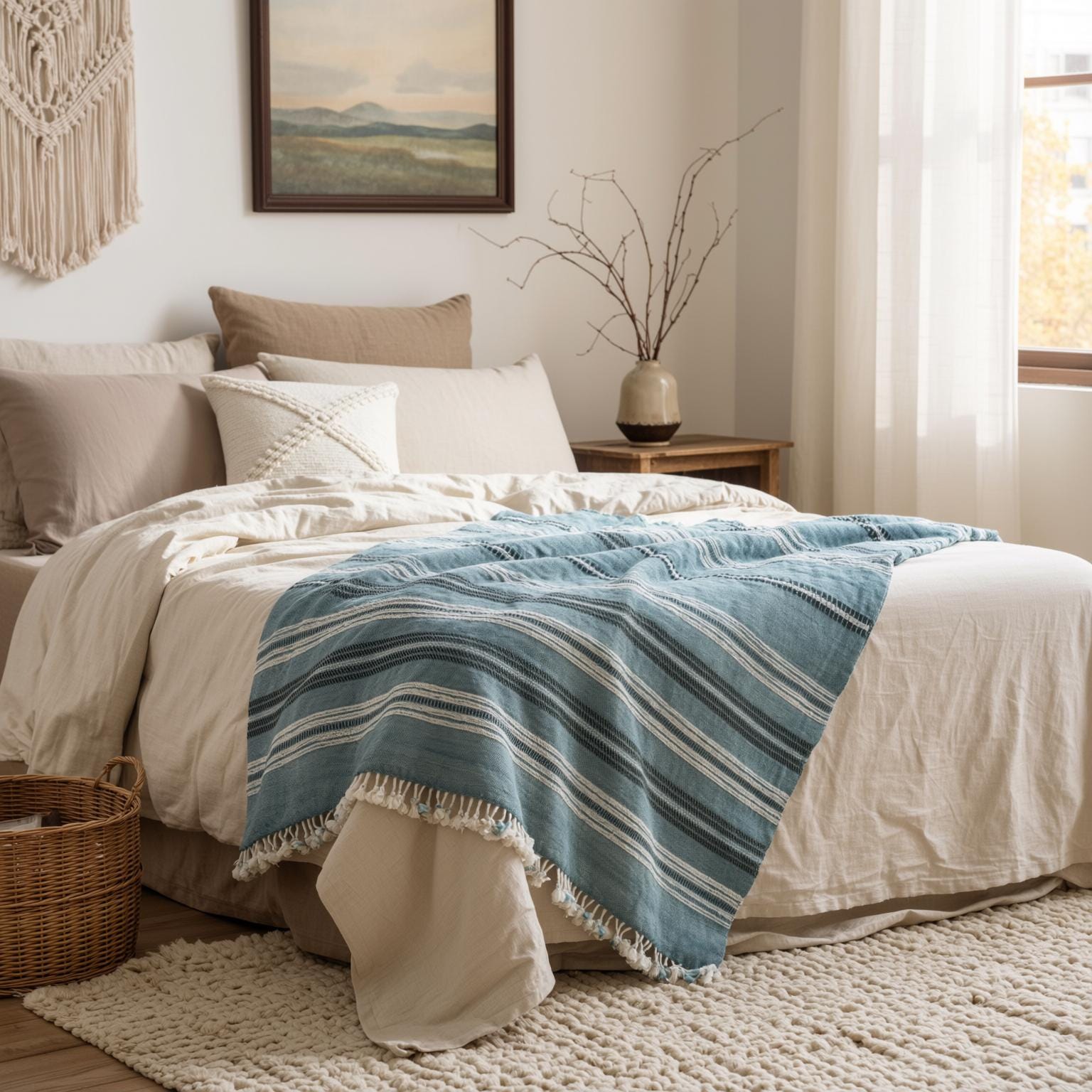 Teal Blue Striped Indian Wool Throw Blanket, Handwoven Couch Coverlet with Bed Accent - SAPPHIRE