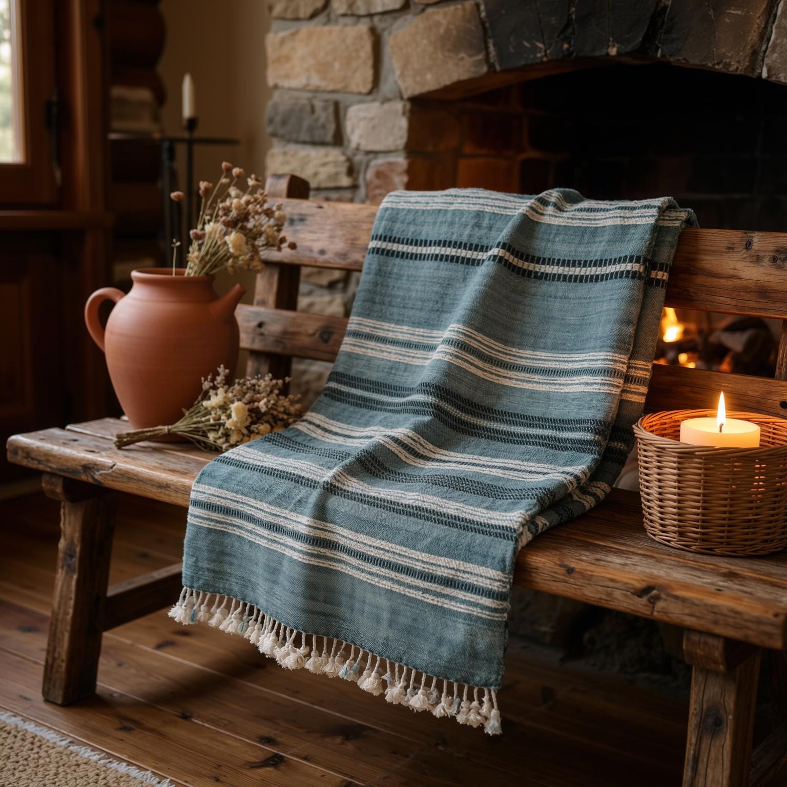 Teal Blue Striped Indian Wool Throw Blanket, Handwoven Couch Coverlet with Bed Accent - SAPPHIRE
