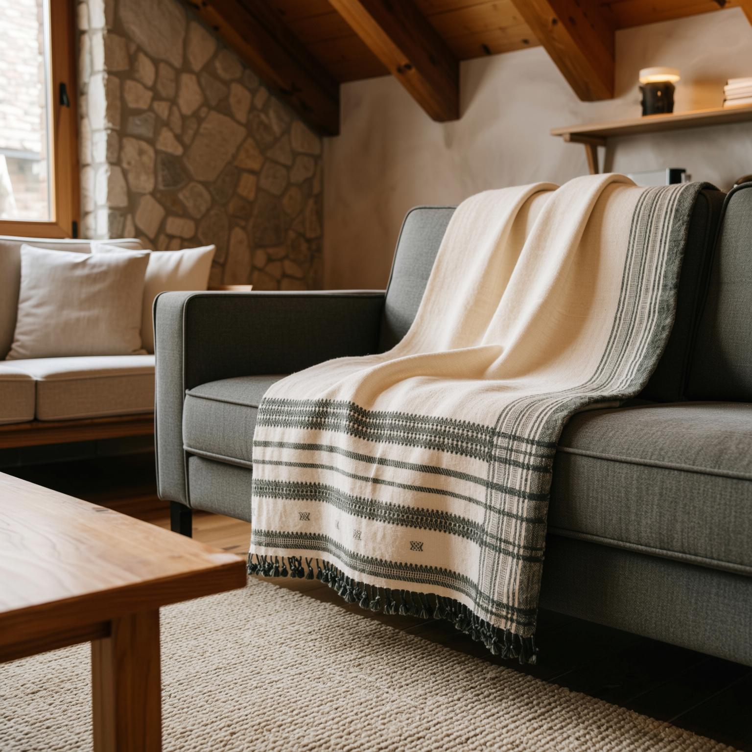 White Indian Wool Throw Blanket, Handwoven Couch Coverlet with Minimalist Bed Accent - SOLITAIRE