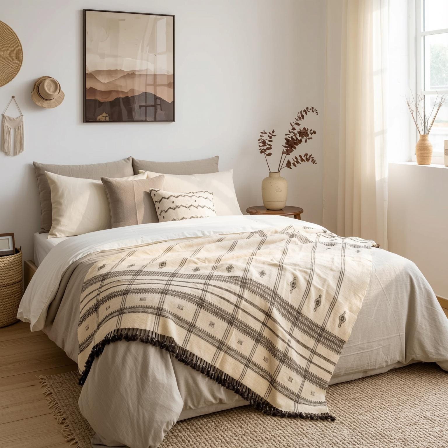 Off White Indian Wool Throw Blanket, Handwoven Sofa Coverlet with Neutral Bedroom Layer - PEARL