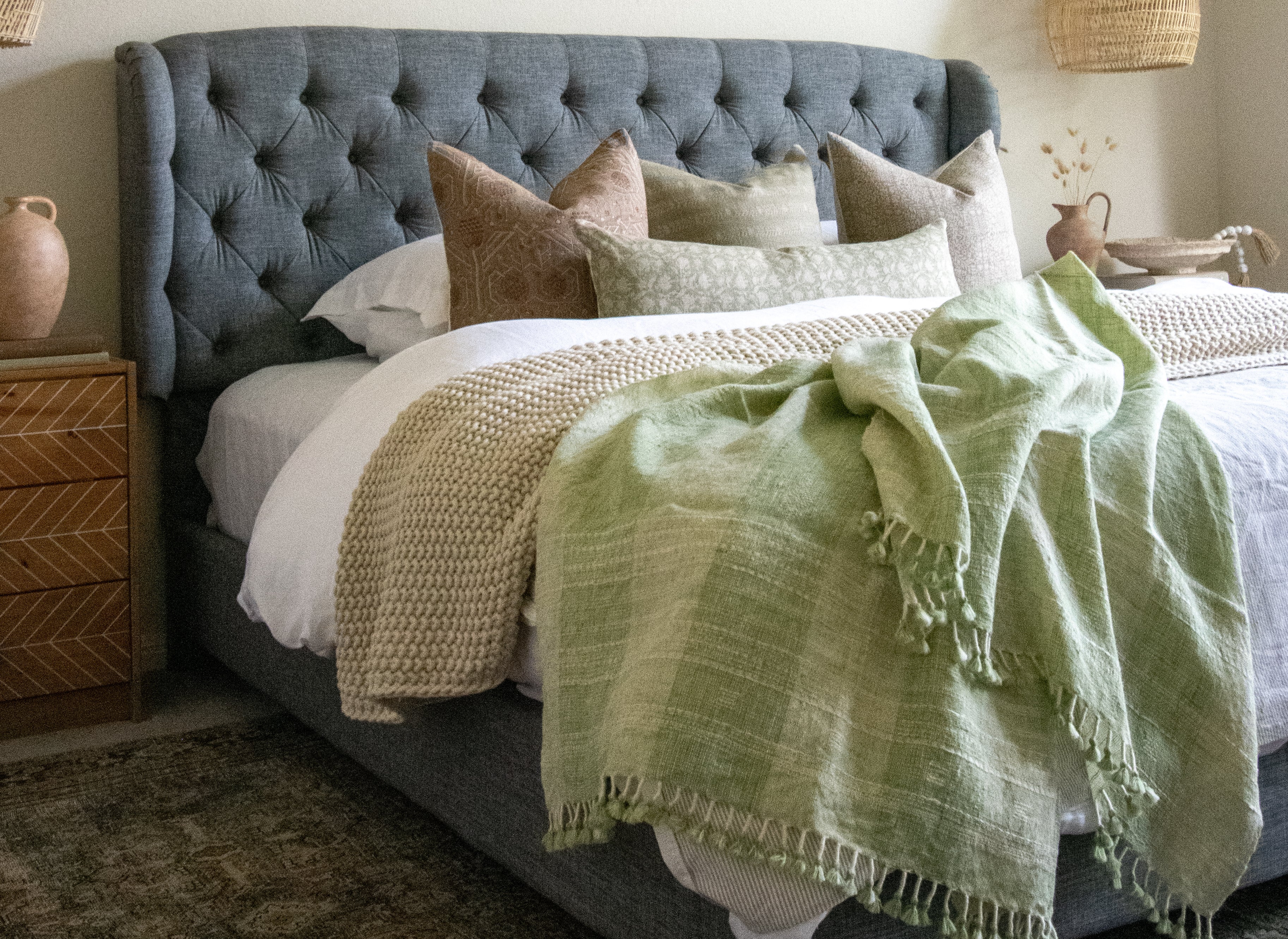 Sage Green Couch Blanket with Stripes Handcrafted and Hand-loomed by Artisans of India : SAGE