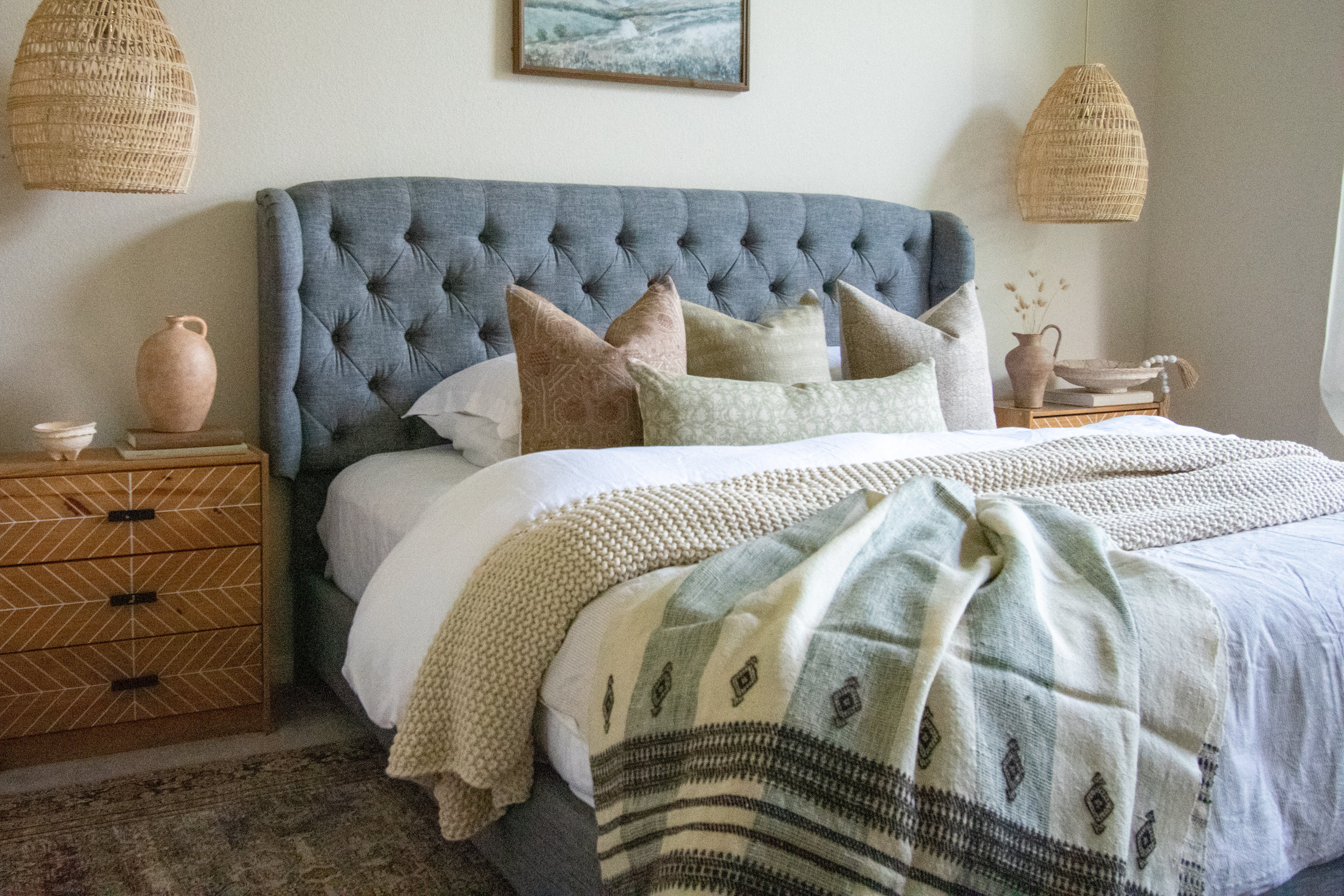 Hand-Dyed Neutral Indian Wool Blanket with Classic Off-white & Light Teal Blue Stripes : MAGNOLIA