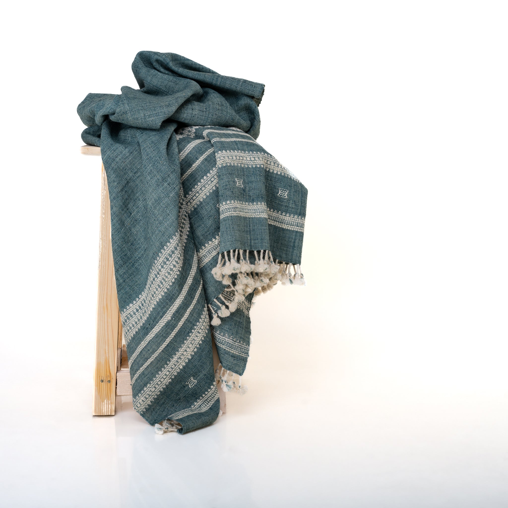 Vibrant Teal Indian Wool Throw Blanket, Handwoven Sofa Coverlet with Boho Reading Accent - NEELAM