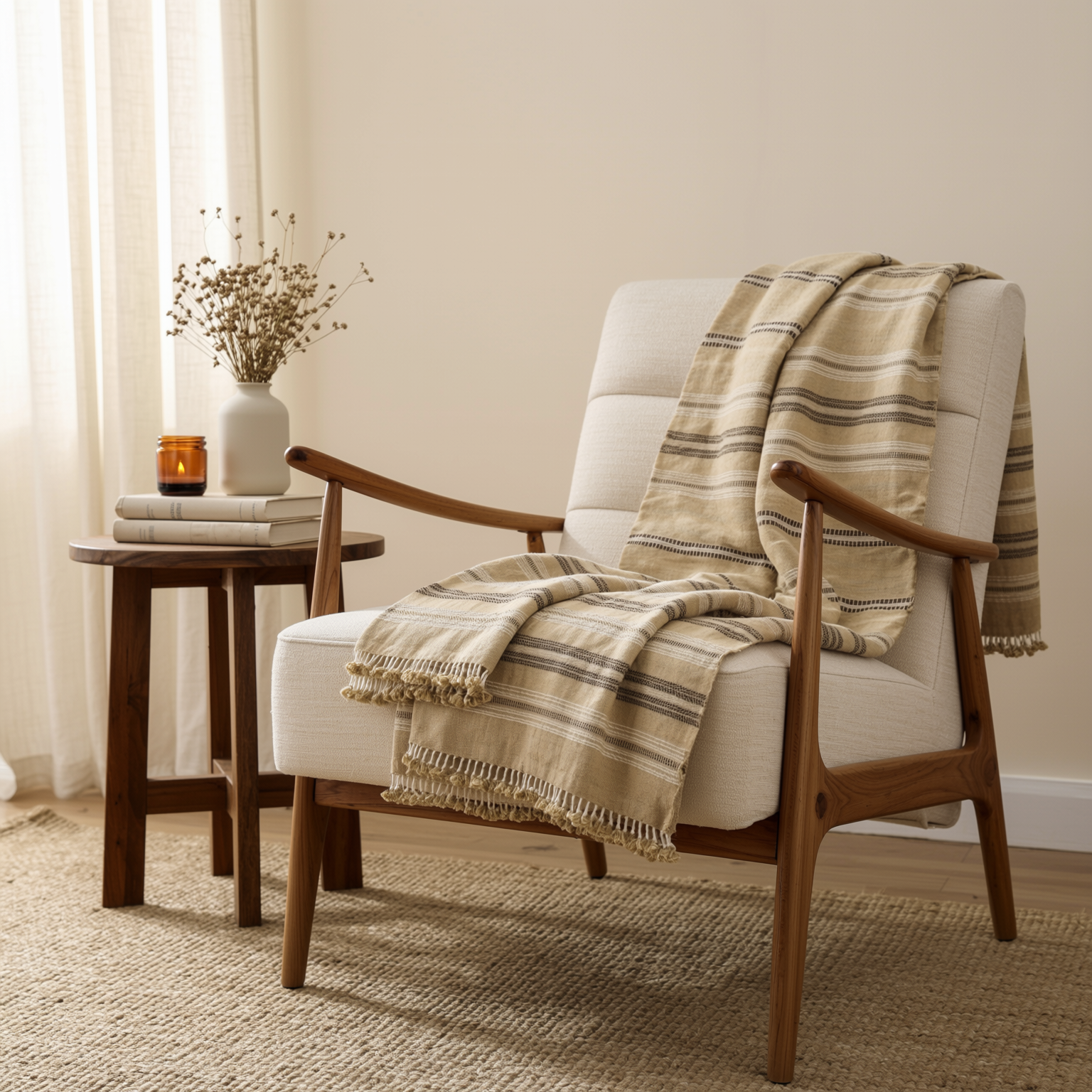 Beige Tan Indian Wool Throw Blanket, Handwoven Sofa Coverlet with Calm Neutral Bed Layer - OPAL