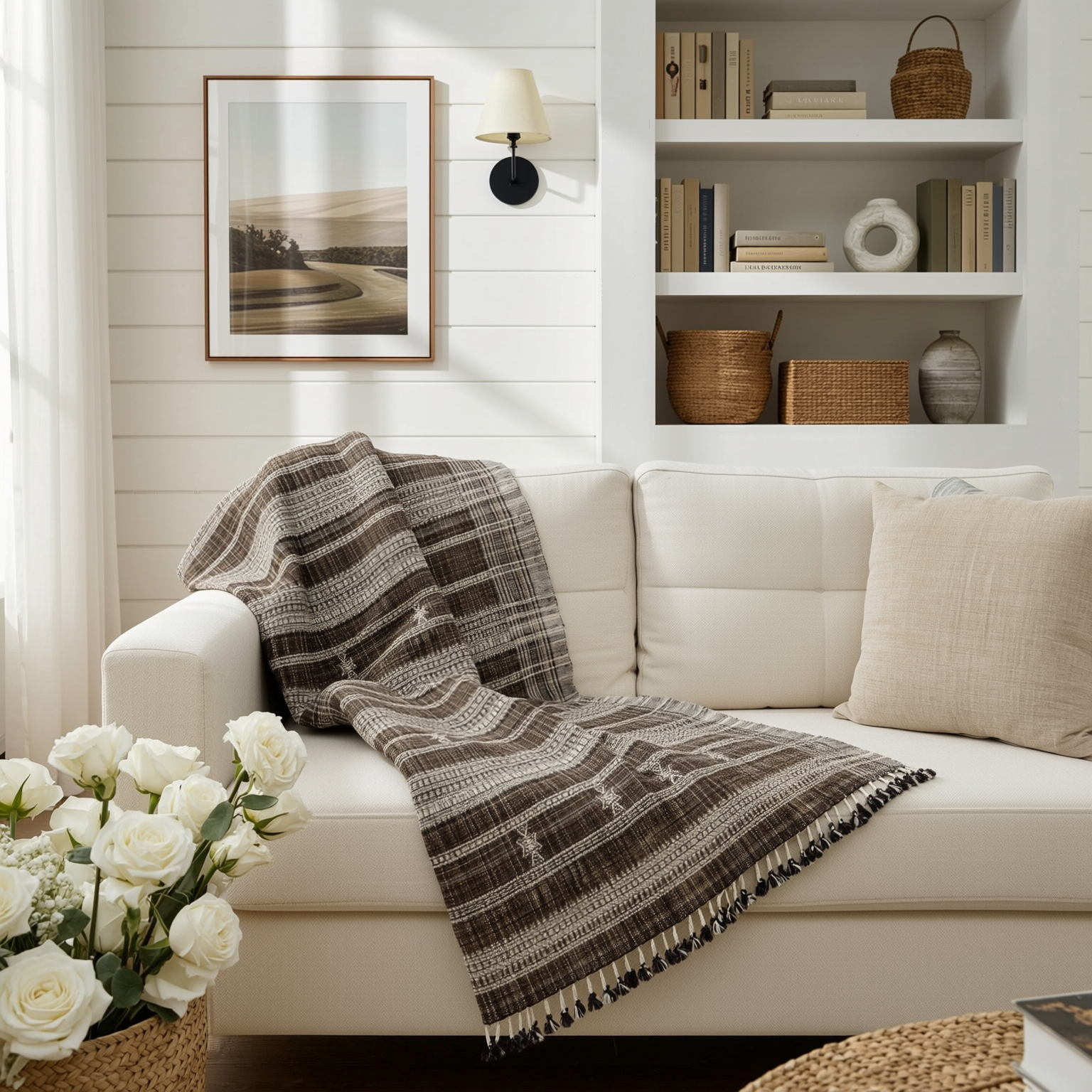 Brown Indian Wool Throw Blanket, Handwoven Couch Coverlet with Rustic Reading Chair Accent - SPHENE