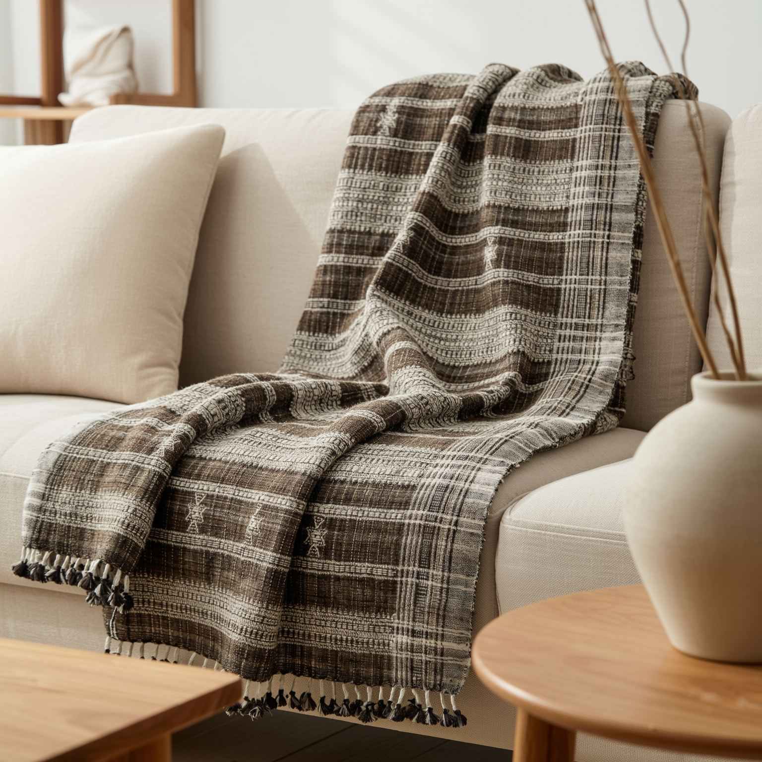Brown Indian Wool Throw Blanket, Handwoven Couch Coverlet with Rustic Reading Chair Accent - SPHENE